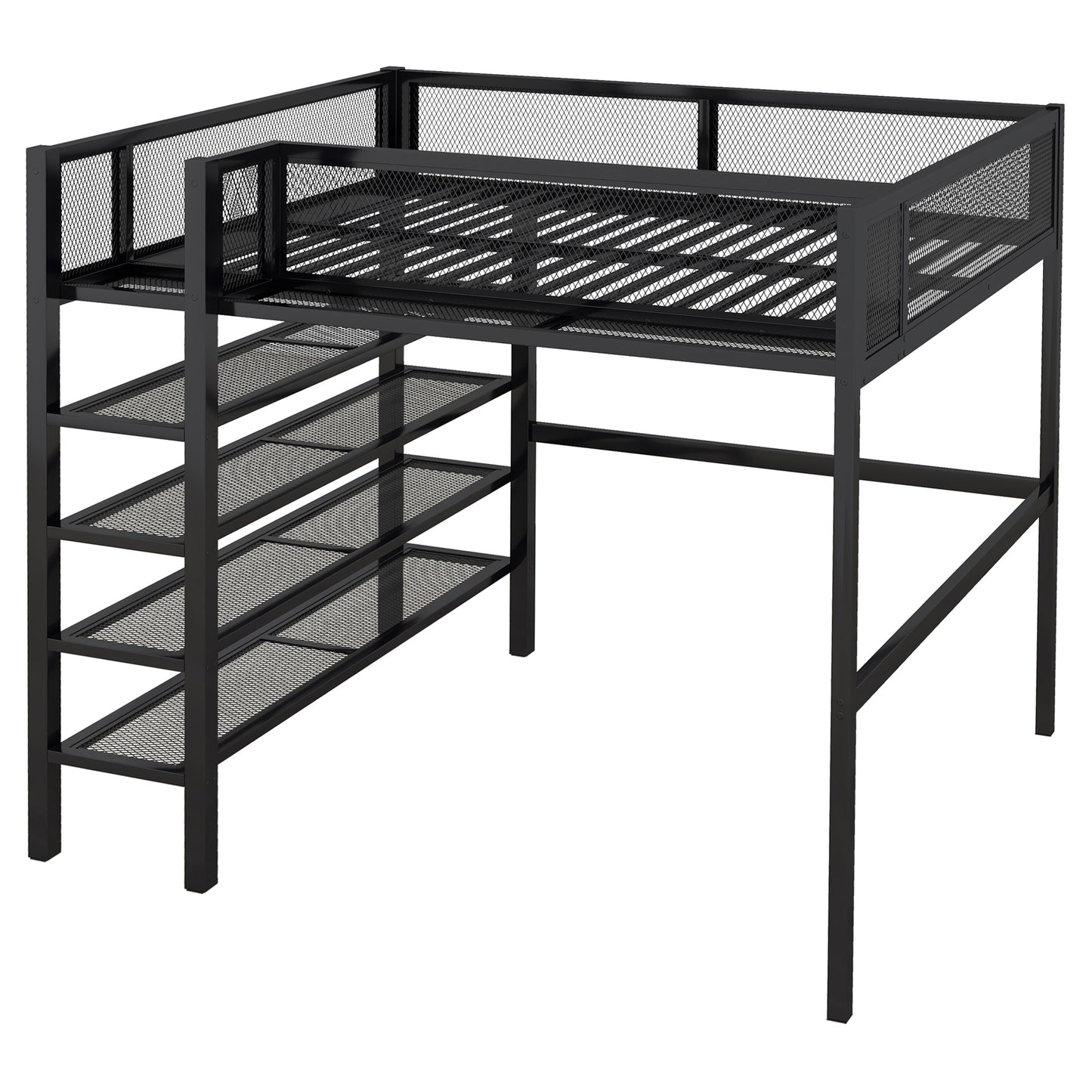 Black metal loft bed with mesh guardrails and integrated shelving