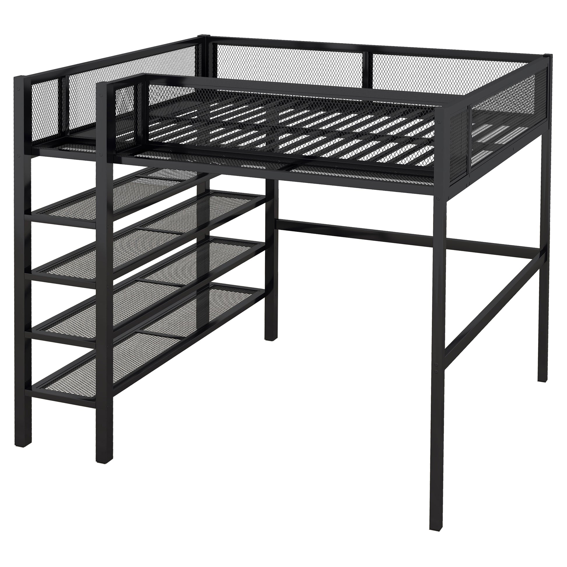 Black metal loft bed with mesh guardrails and integrated shelving