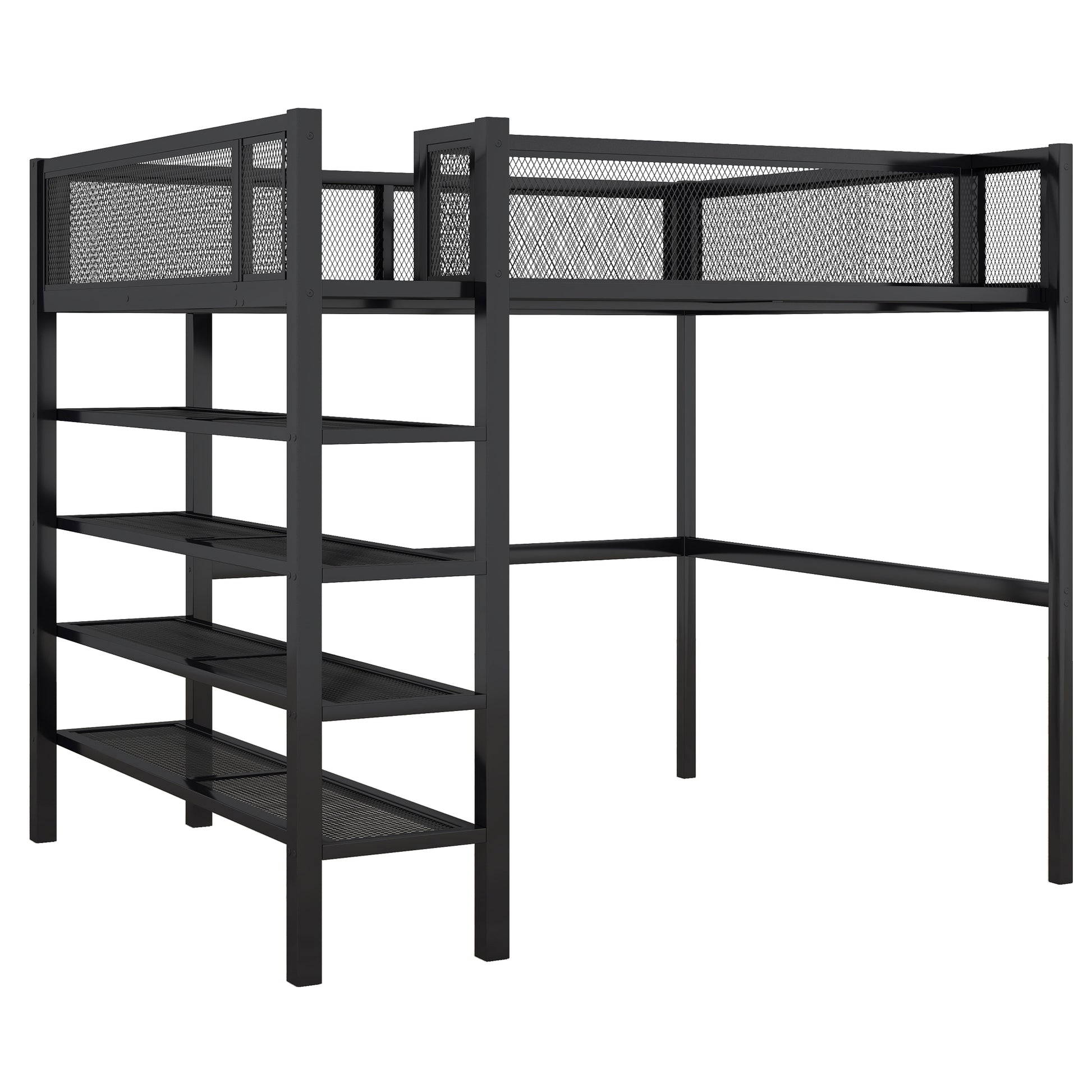 Black metal loft bed with mesh sides and integrated shelves