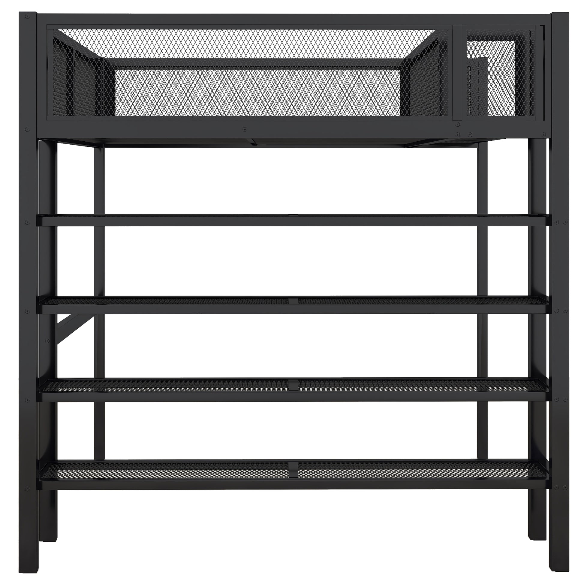 Black metal loft bed frame with four open shelving units