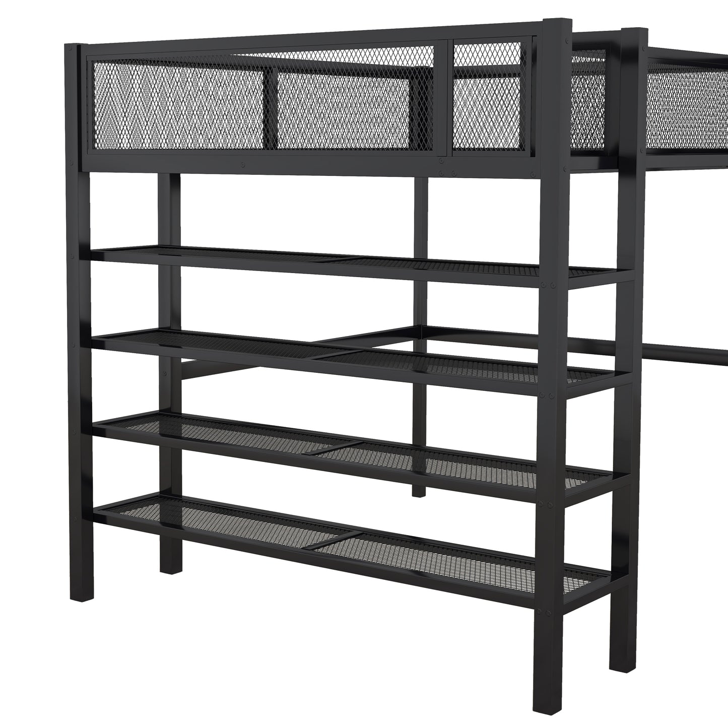 Black metal loft bed frame with wire mesh safety rails and five shelves