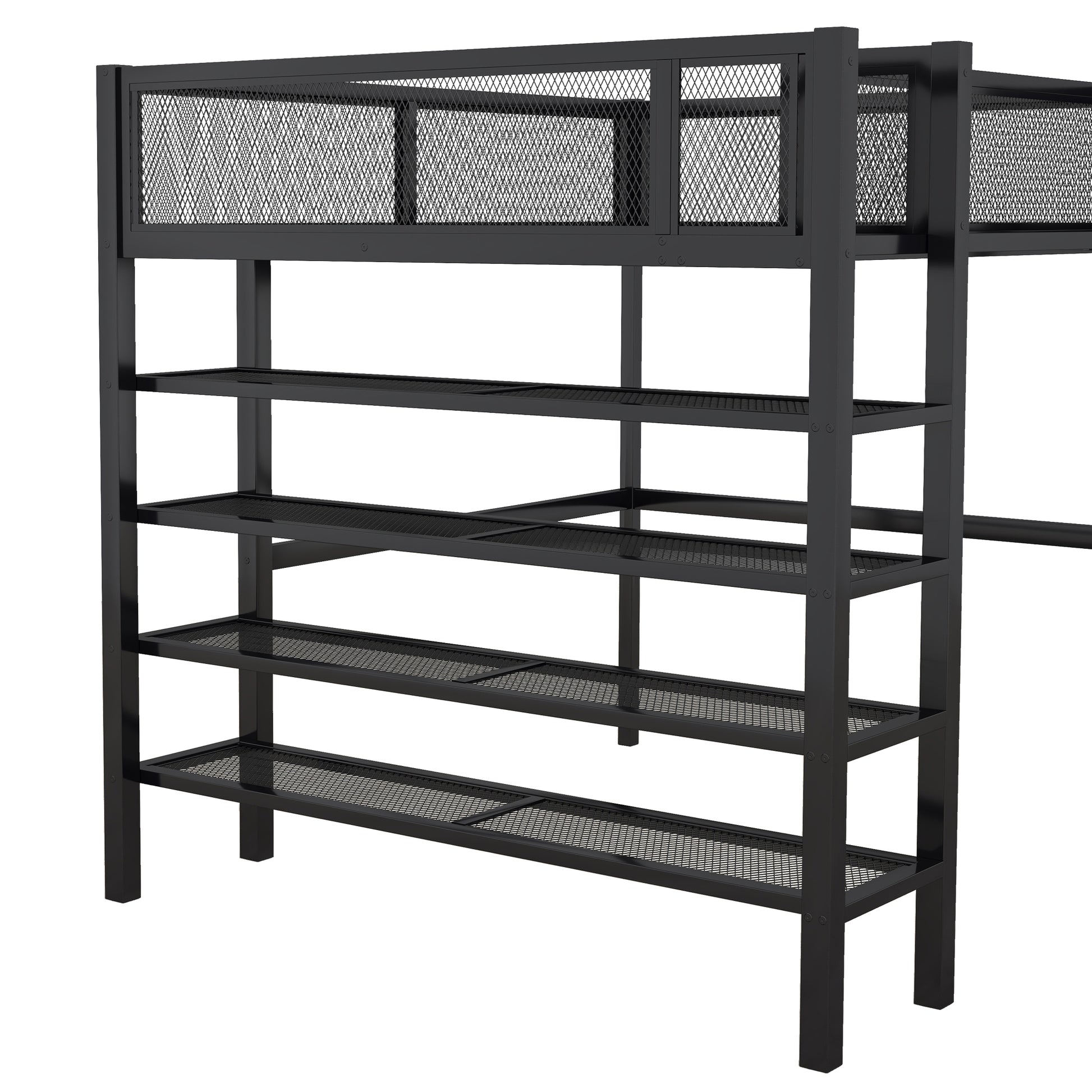Black metal loft bed frame with wire mesh safety rails and five shelves