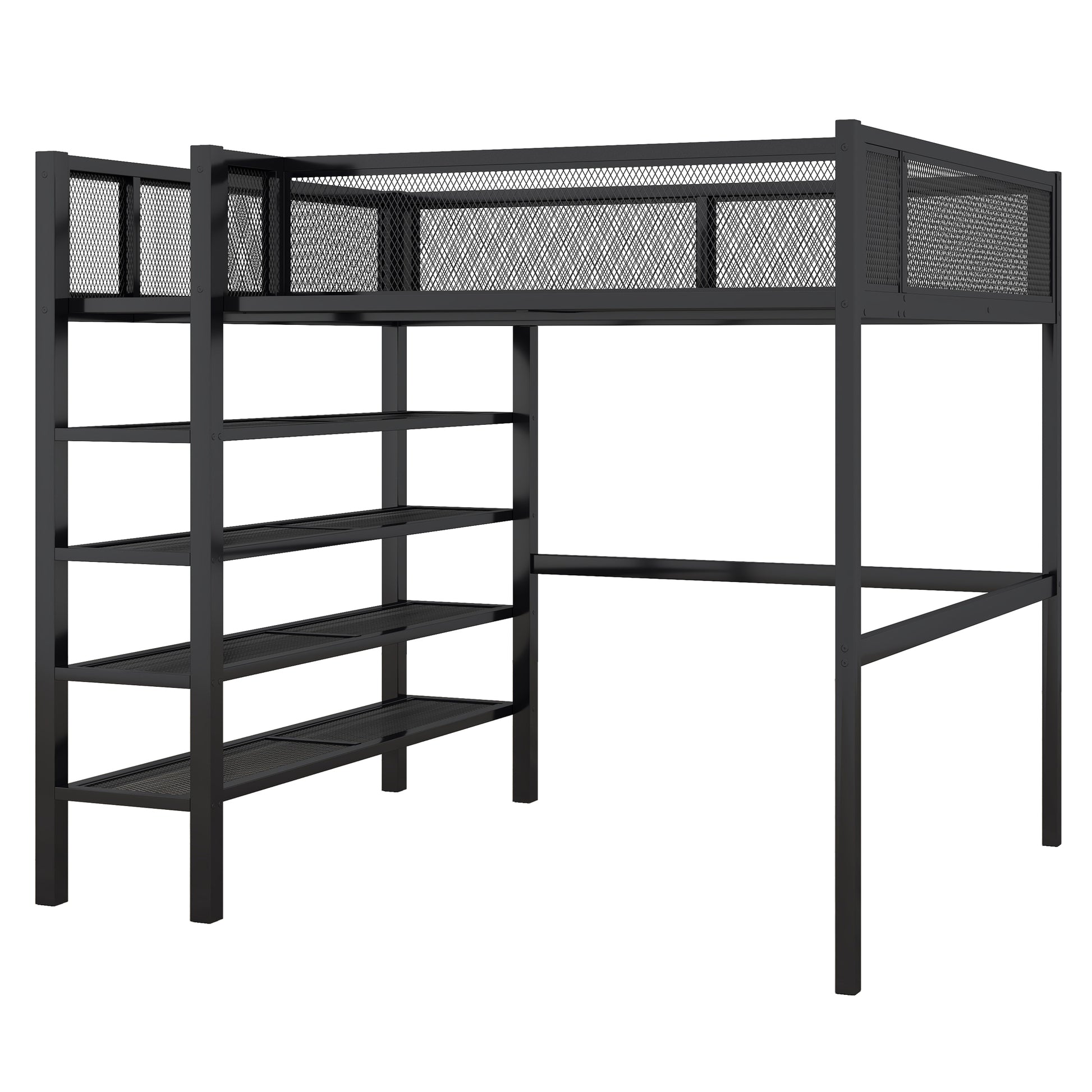 Black metal loft bed with mesh railing and attached shelving unit