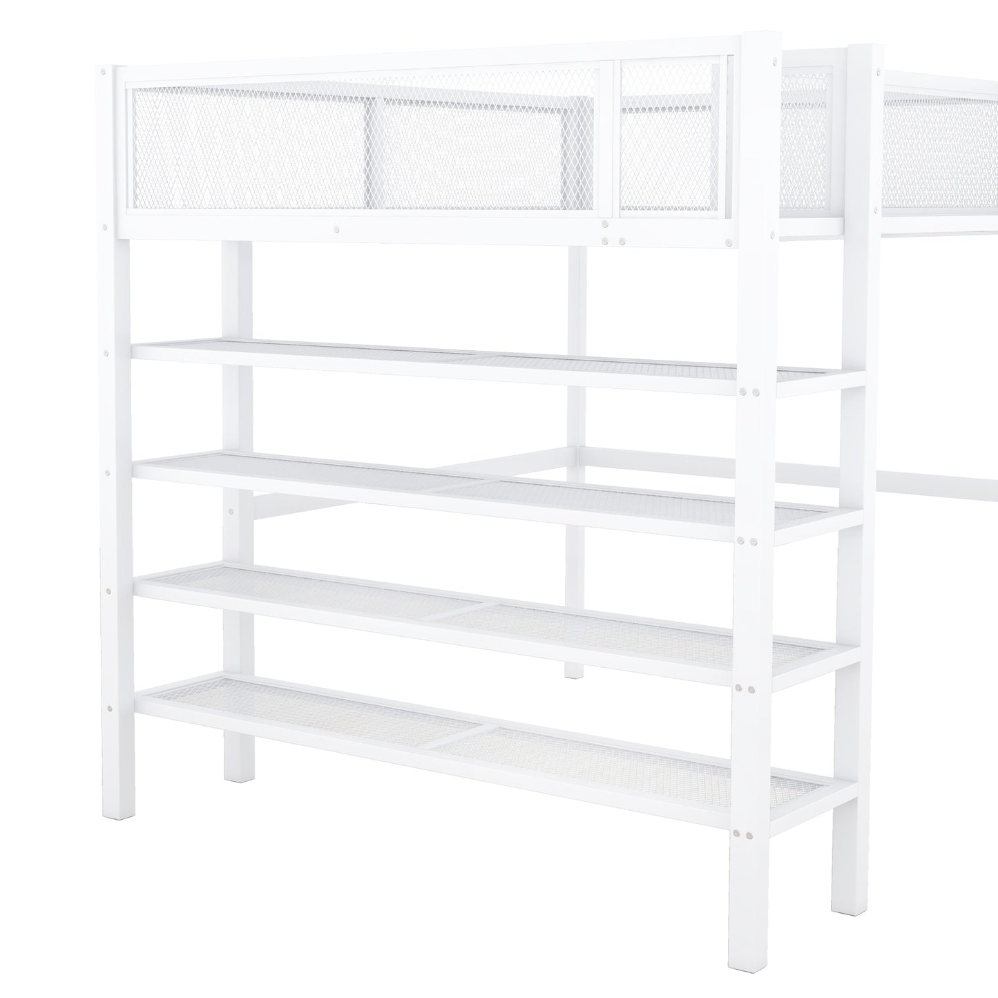 White metal loft bed frame with integrated shelving units