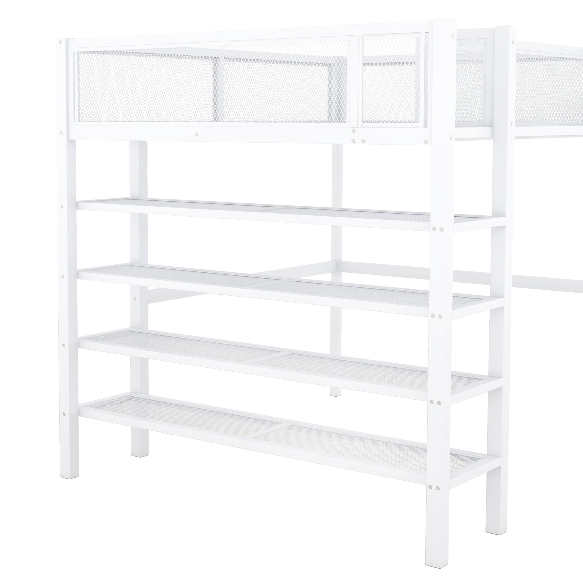 White metal loft bed frame with integrated shelving units