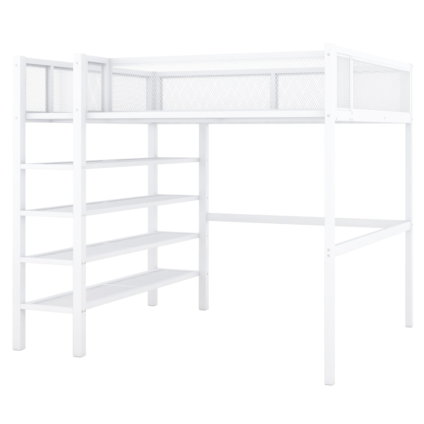 White metal loft bed with integrated shelves and ladder