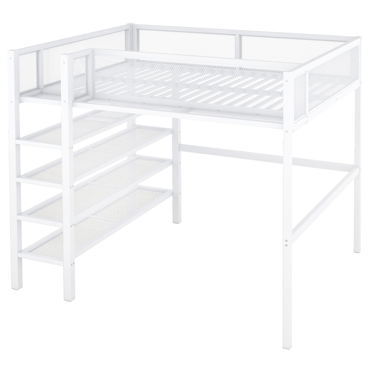 White metal loft bed with integrated shelves and stairs