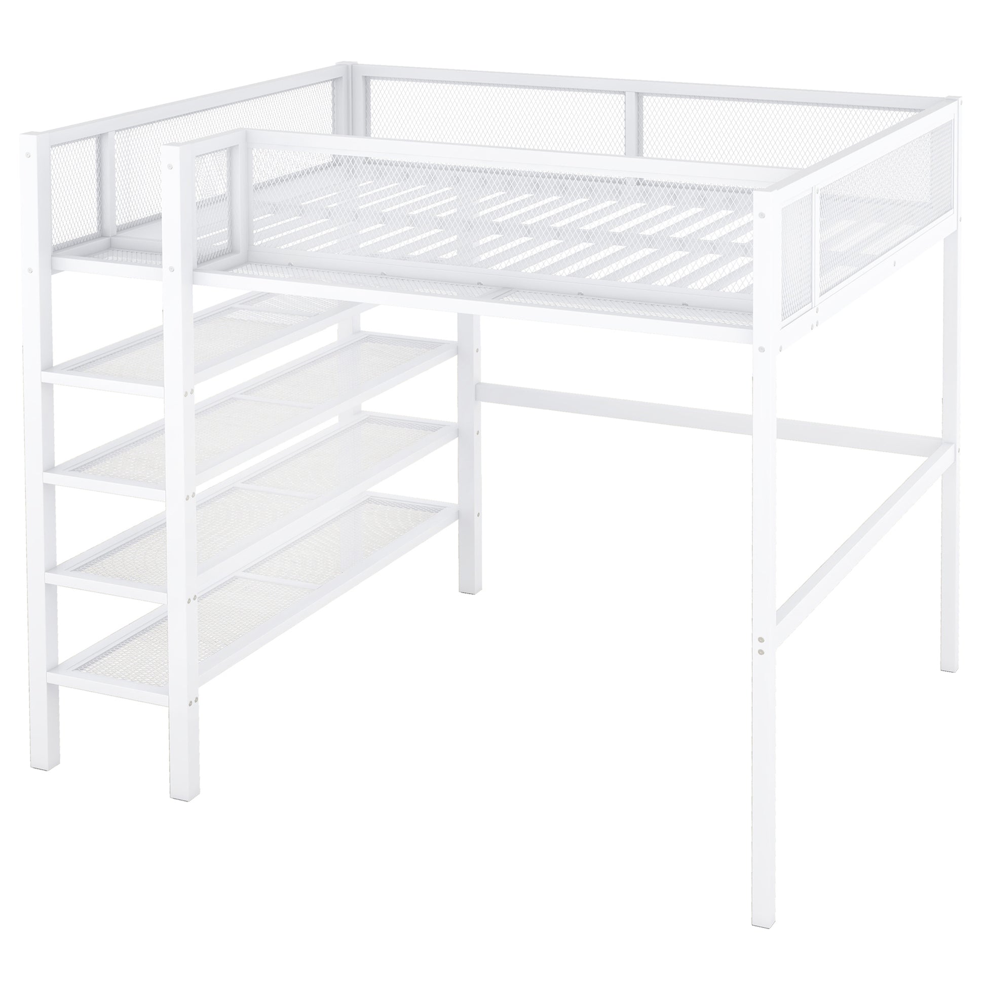 White metal loft bed with integrated shelves and stairs