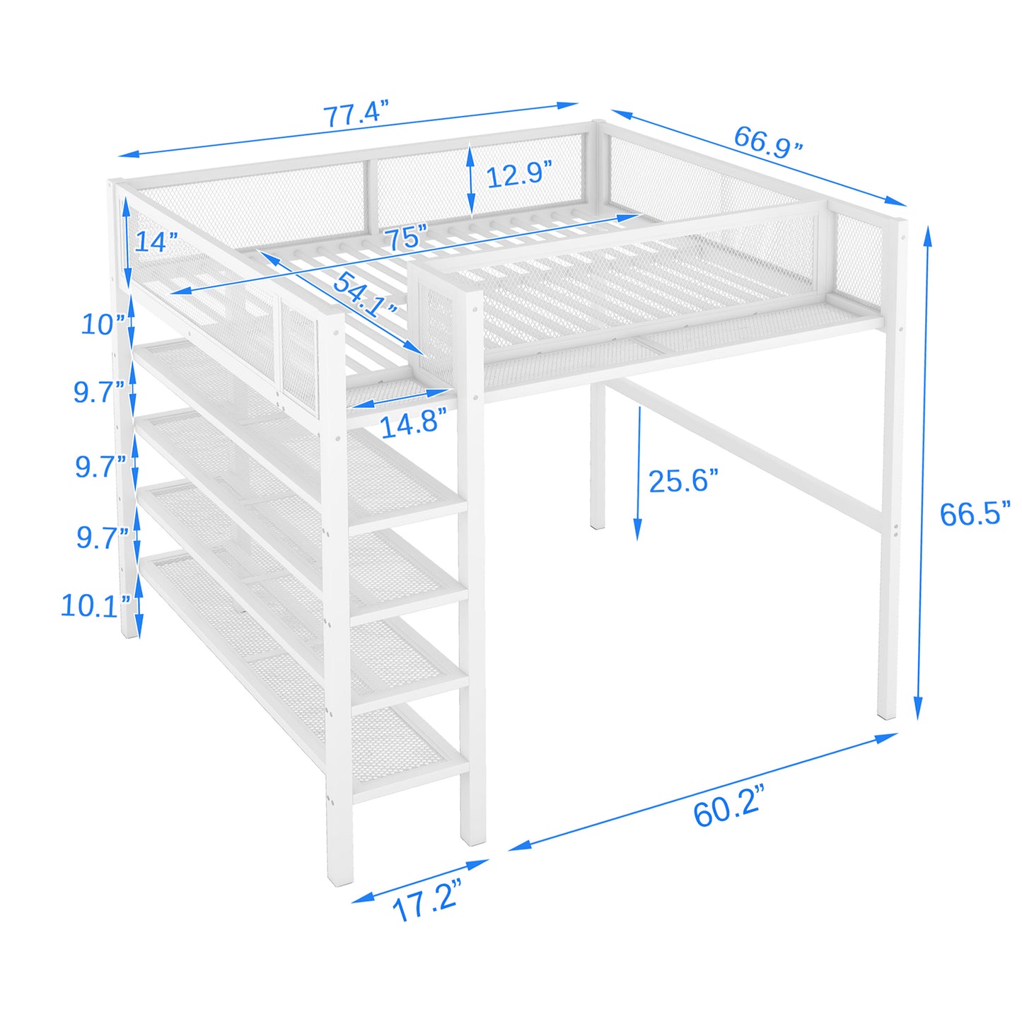 White metal loft bed with integrated shelving and detailed dimension lines