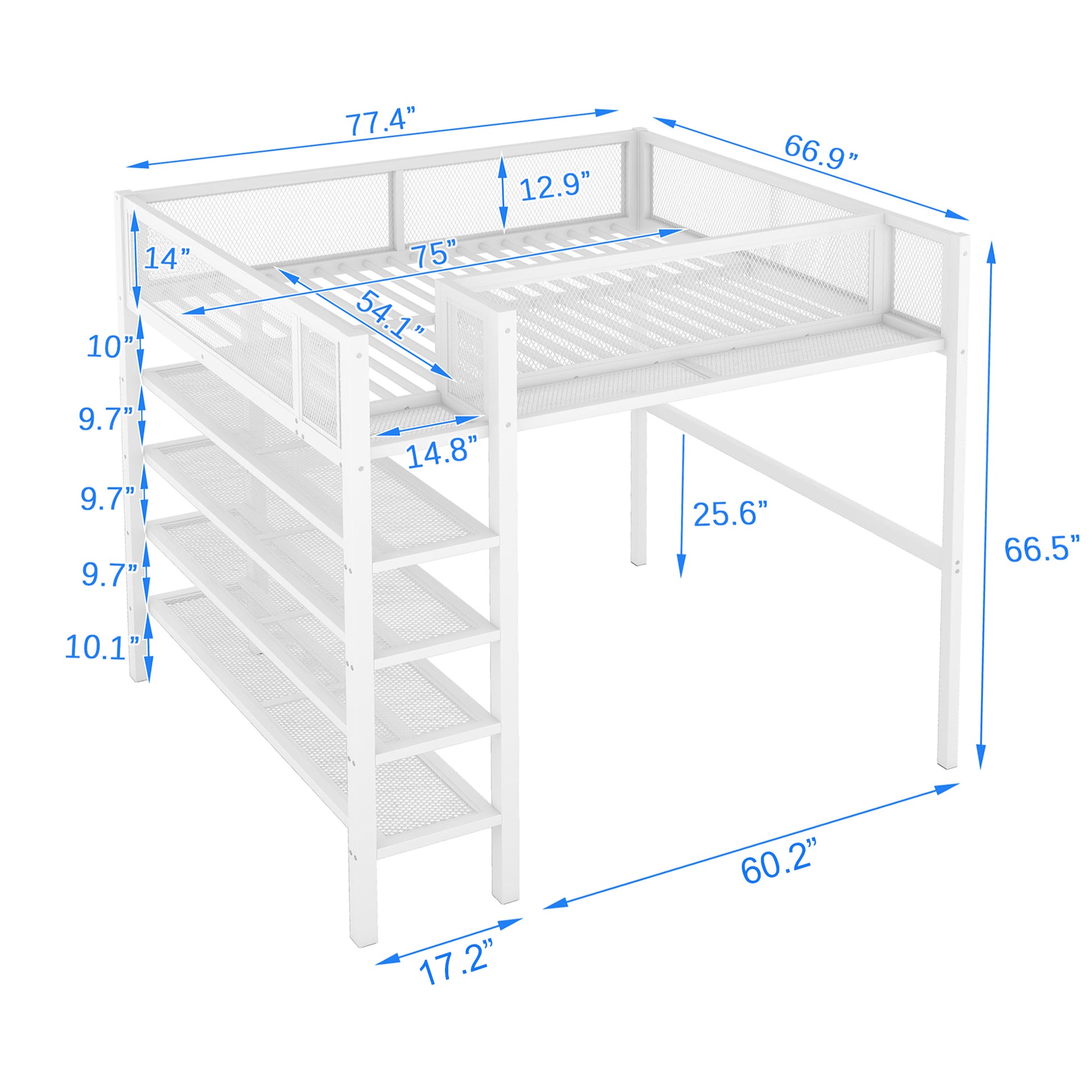 White metal loft bed with integrated shelving and detailed dimension lines