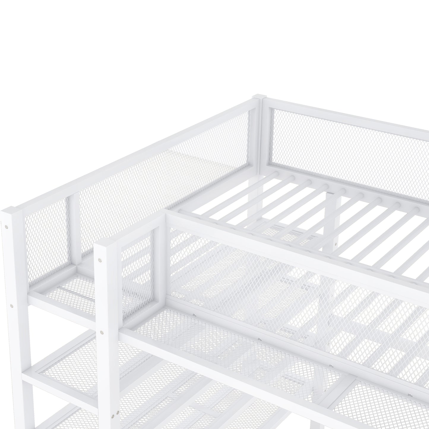 White metal shoe rack with three mesh shelves