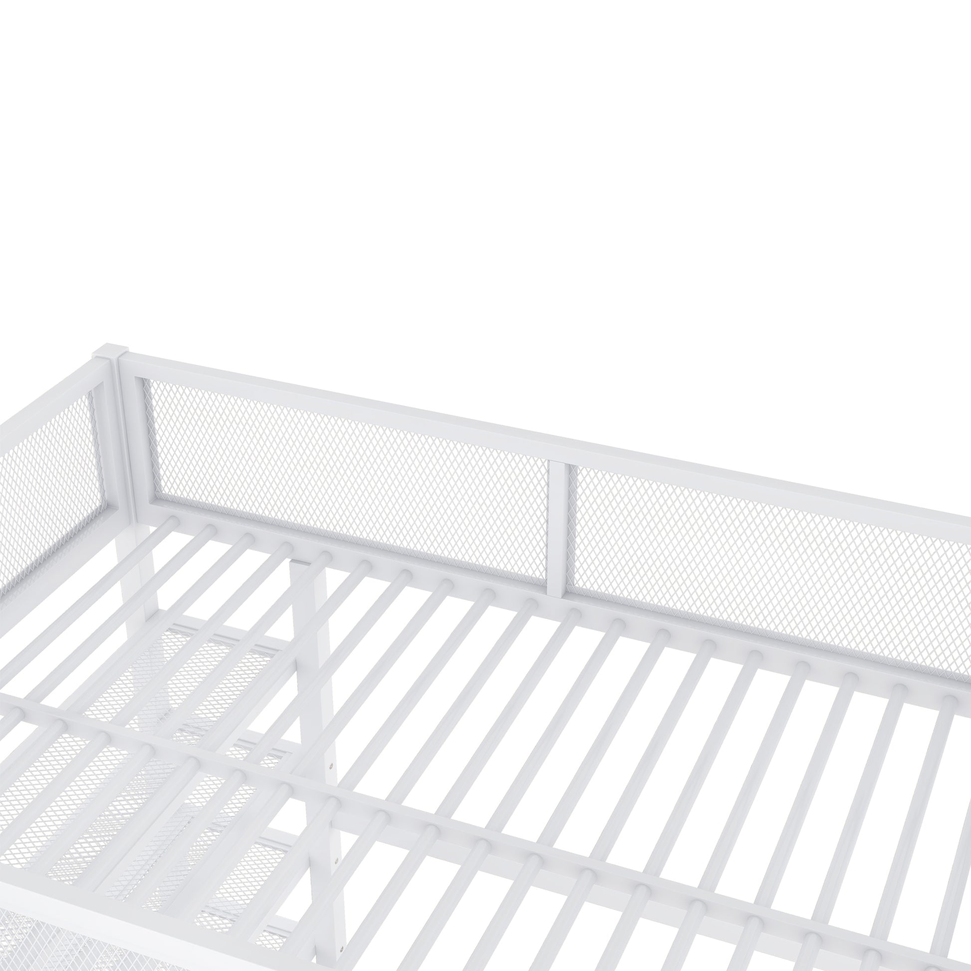 White metal loft bed frame with mesh railing and slatted base