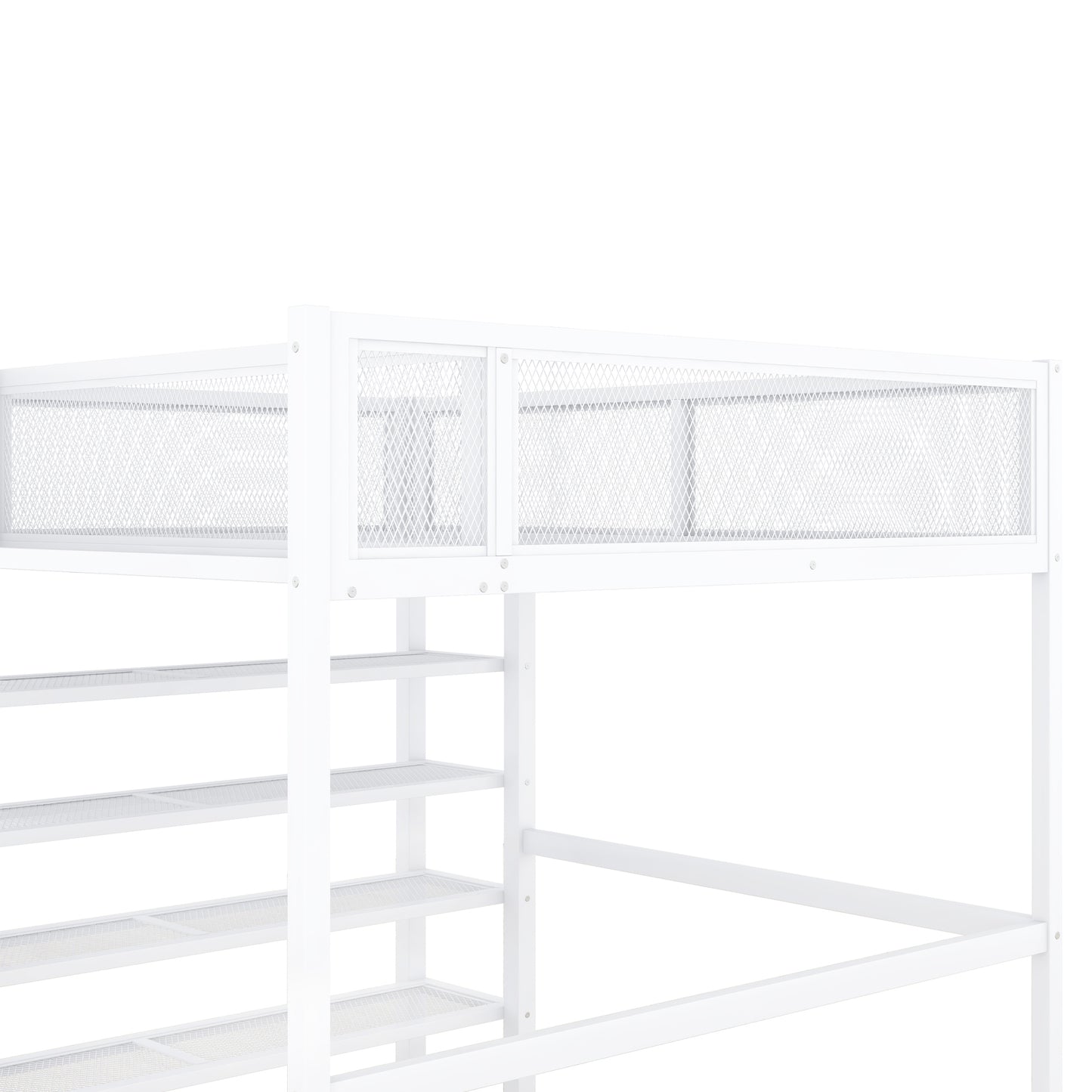 White metal loft bed with mesh railings and integrated shelving