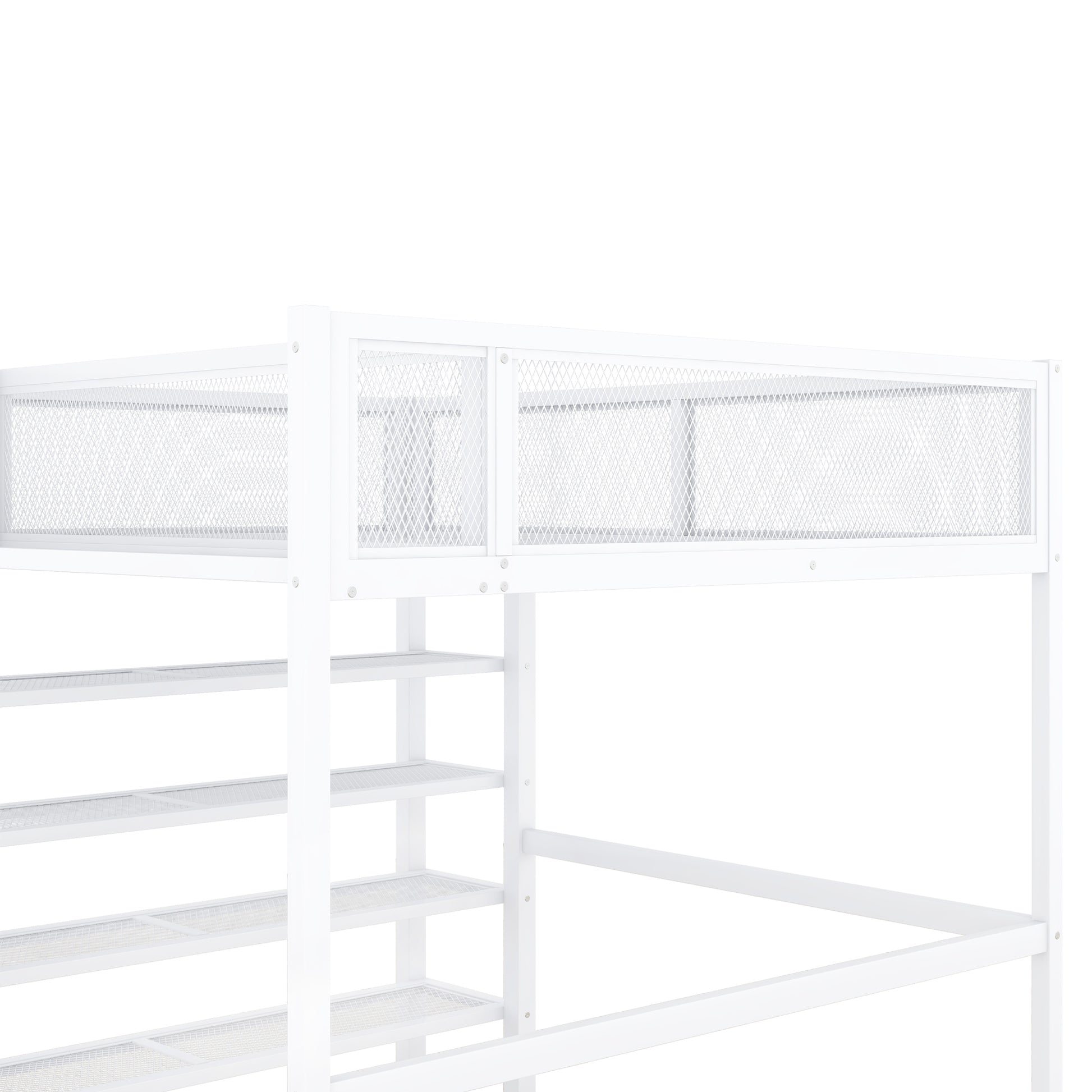 White metal loft bed with mesh railings and integrated shelving