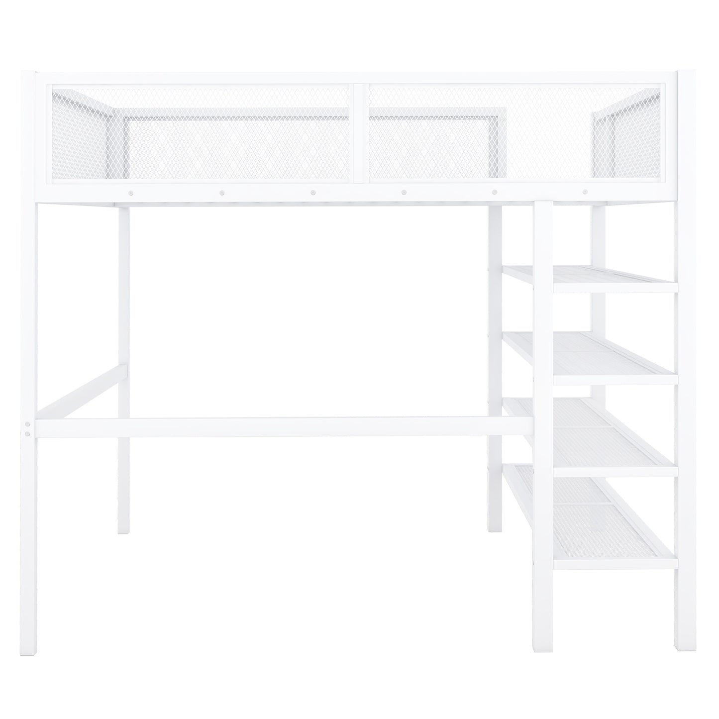 White metal loft bed with integrated desk and shelving unit