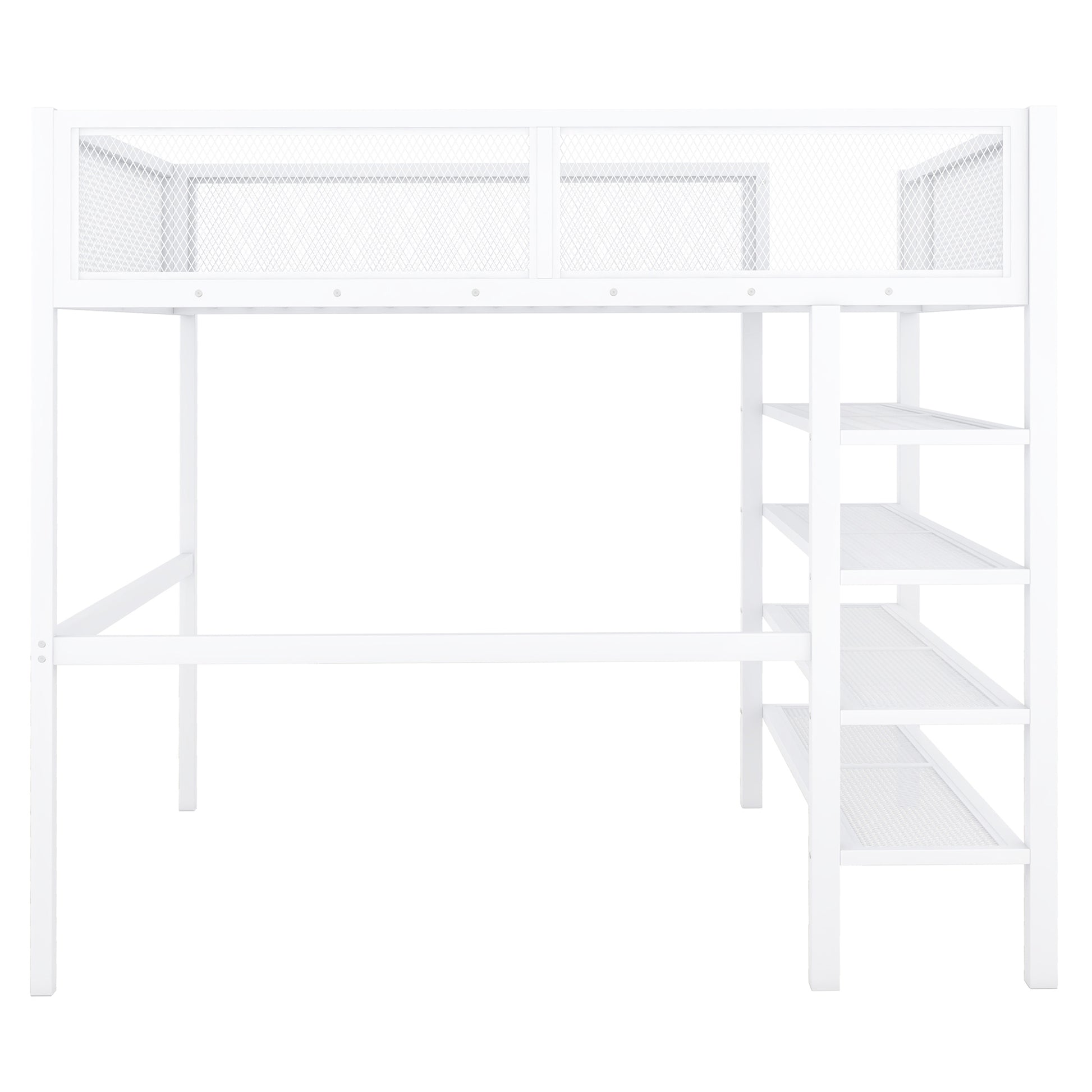 White metal loft bed with integrated desk and shelving unit