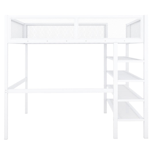 White metal loft bed with integrated desk and shelving unit