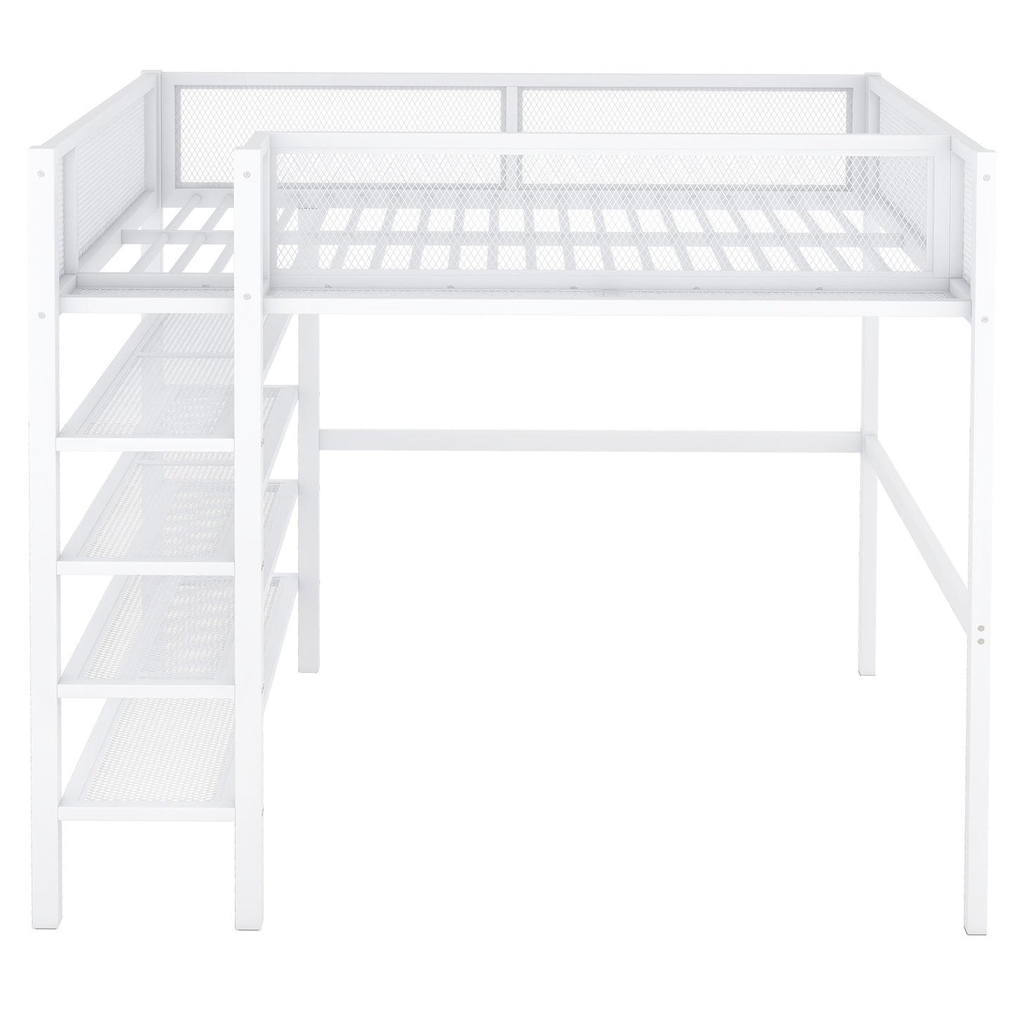 White metal loft bed with integrated shelves and guardrails