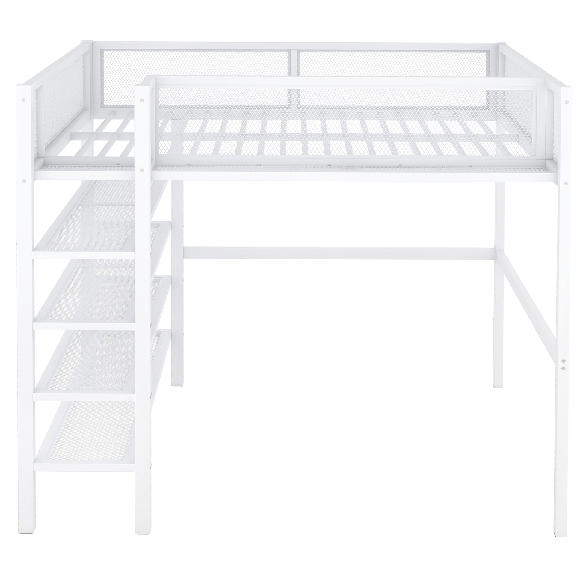 White metal loft bed with integrated shelves and guardrails