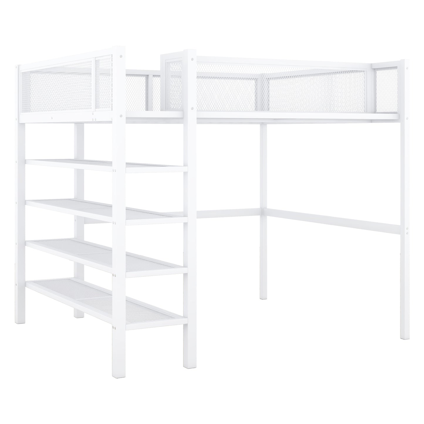 White metal loft bed with integrated shelving and safety rails
