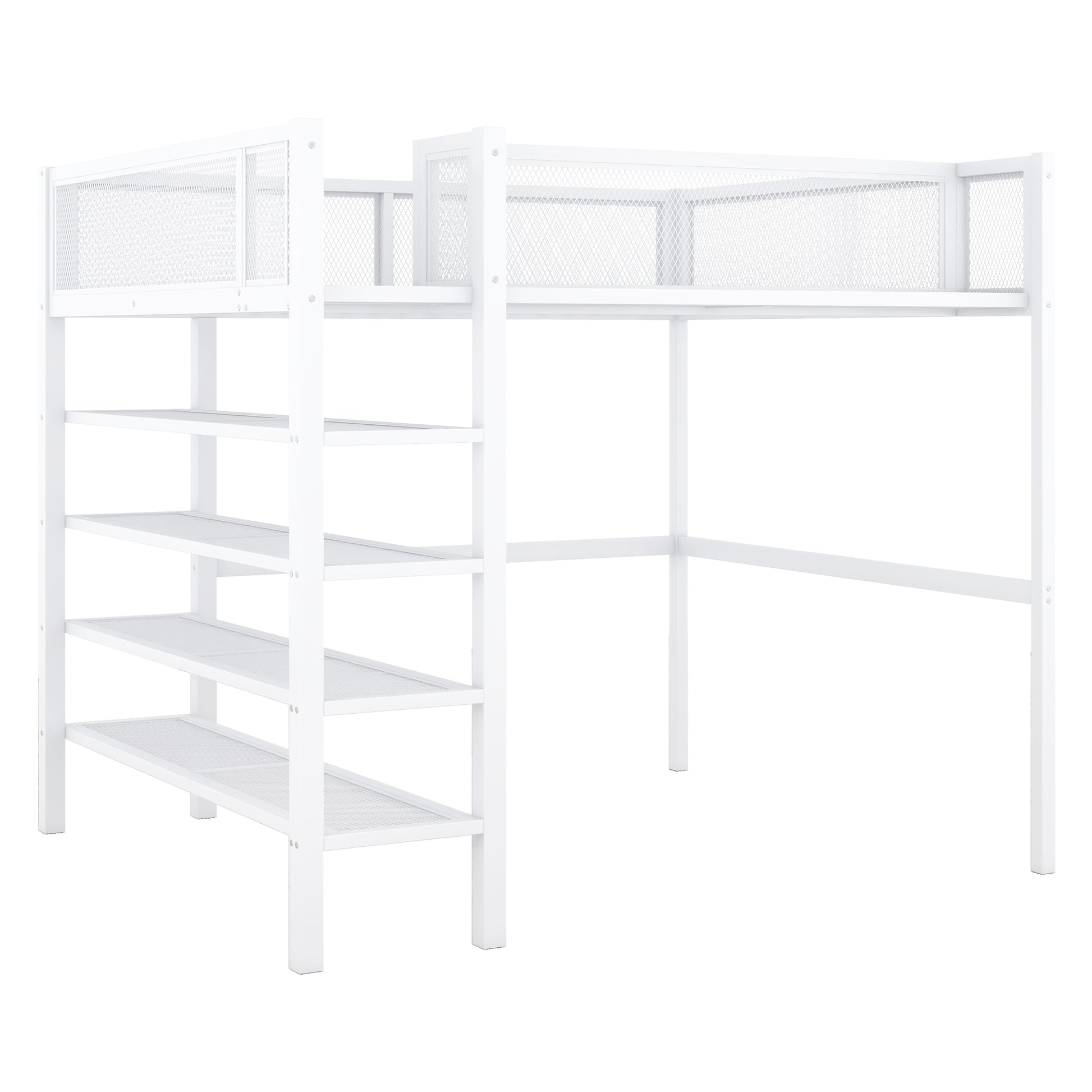 White metal loft bed with integrated shelving and safety rails