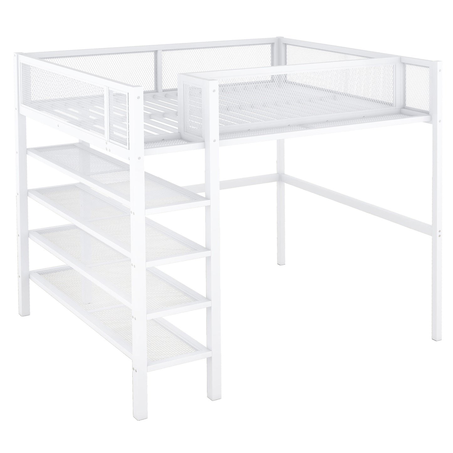 White metal loft bed with integrated shelves and ladder