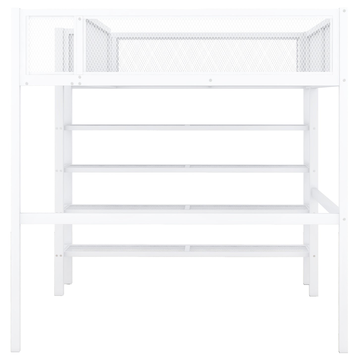 White metal loft bed with desk and multiple shelves