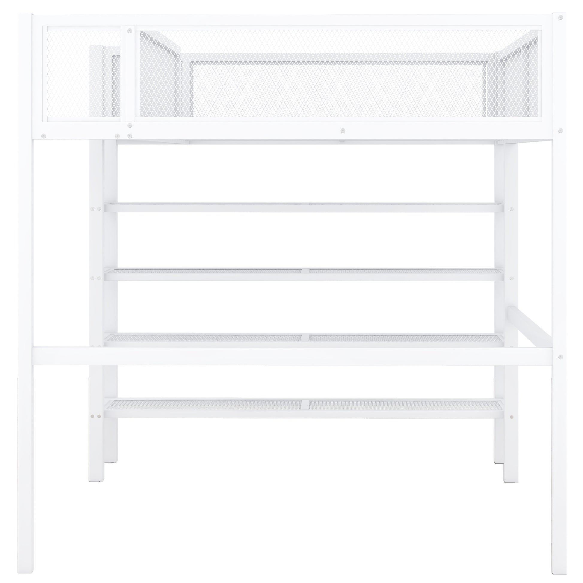 White metal loft bed with desk and multiple shelves