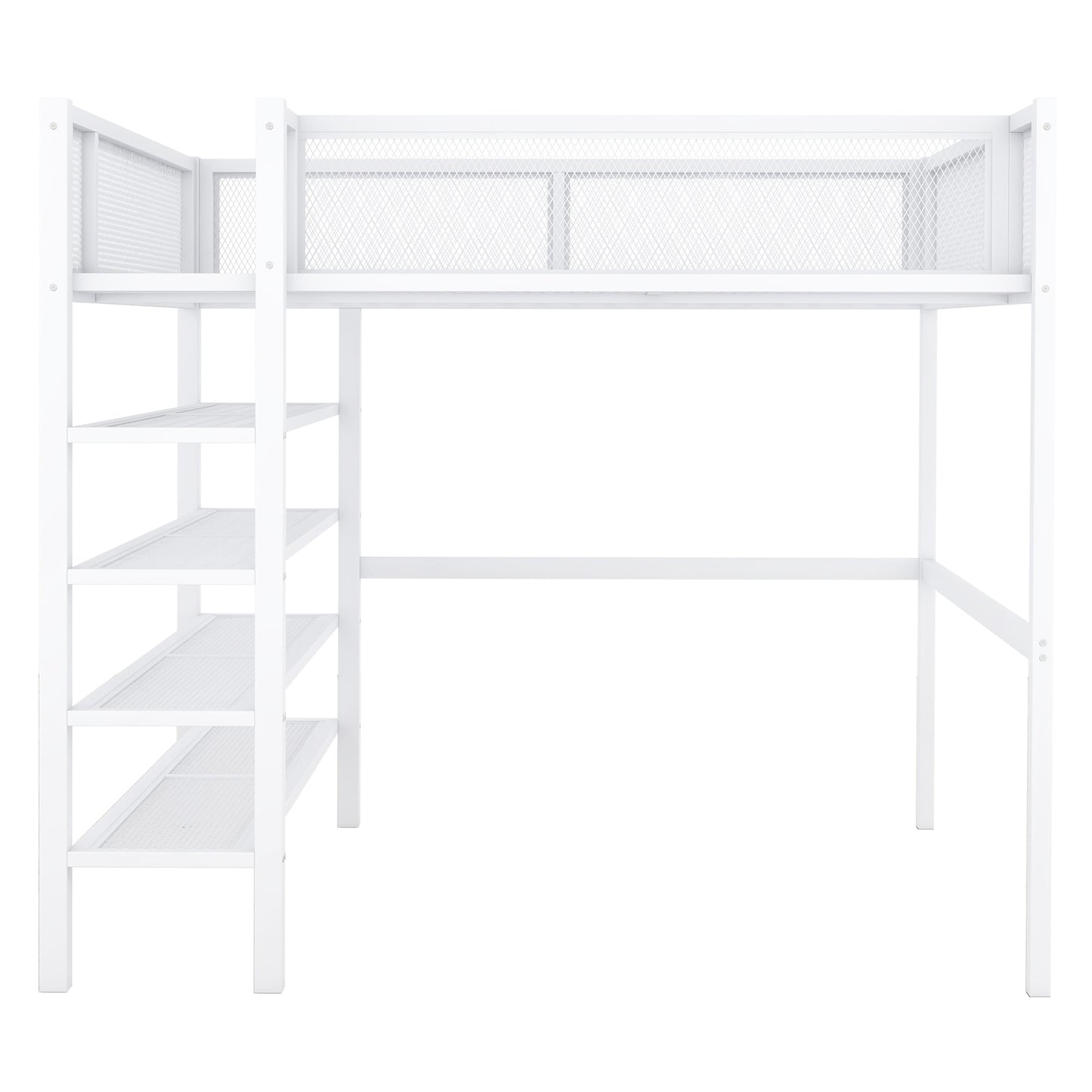 White metal loft bed frame with integrated ladder and shelving