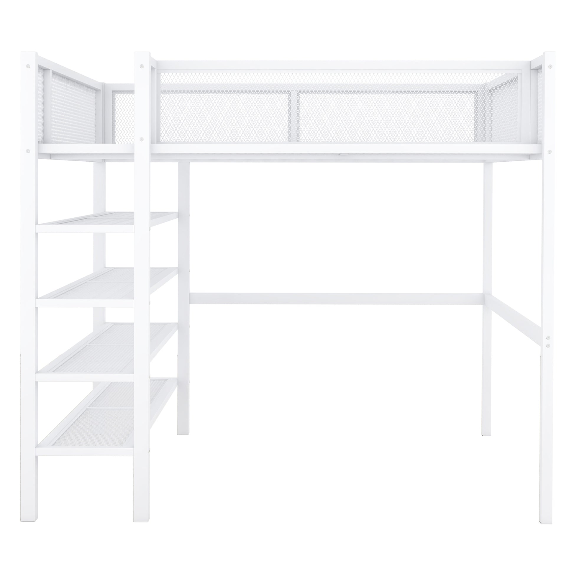 White metal loft bed frame with integrated ladder and shelving