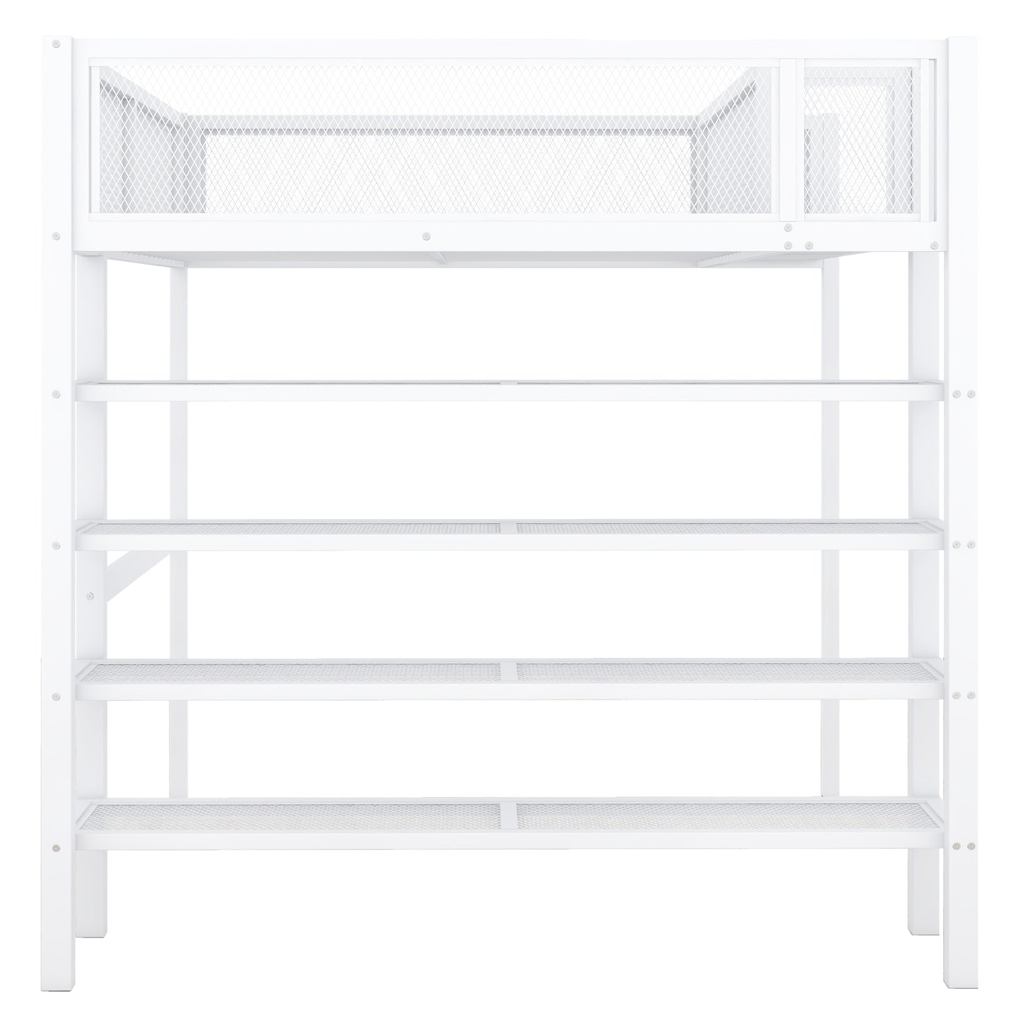 White metal loft bed frame with four open shelves
