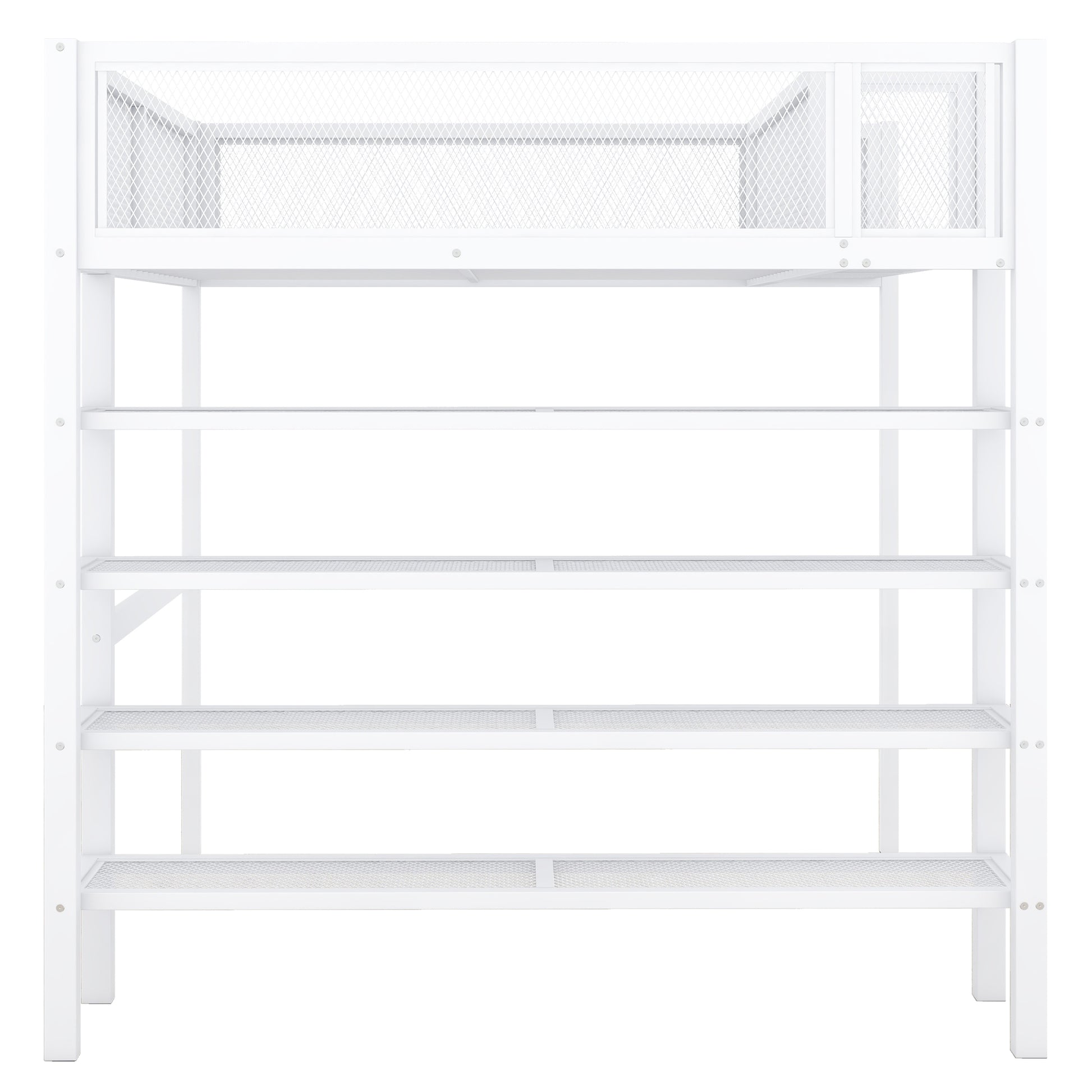 White metal loft bed frame with four open shelves