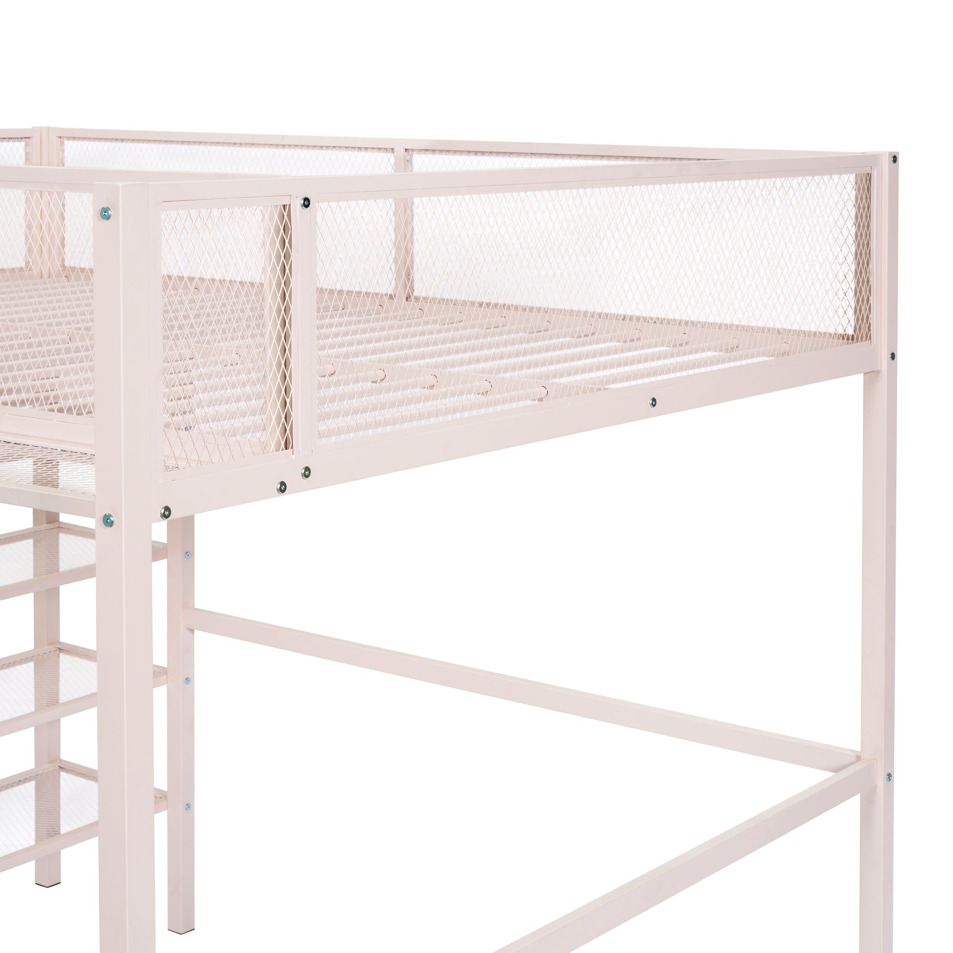 Cream metal loft bed frame with diamond mesh sides