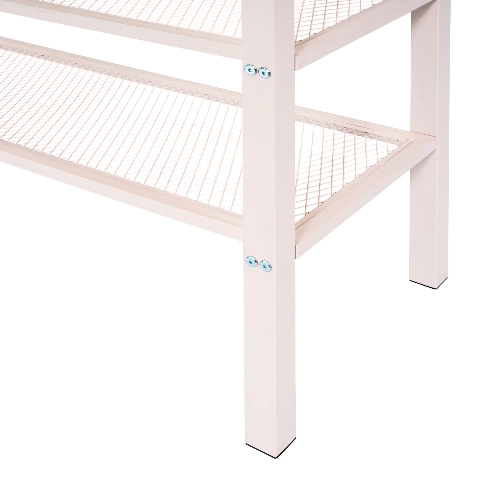 Closeup of a white metal shoe rack with diamondpatterned shelves and visible screws