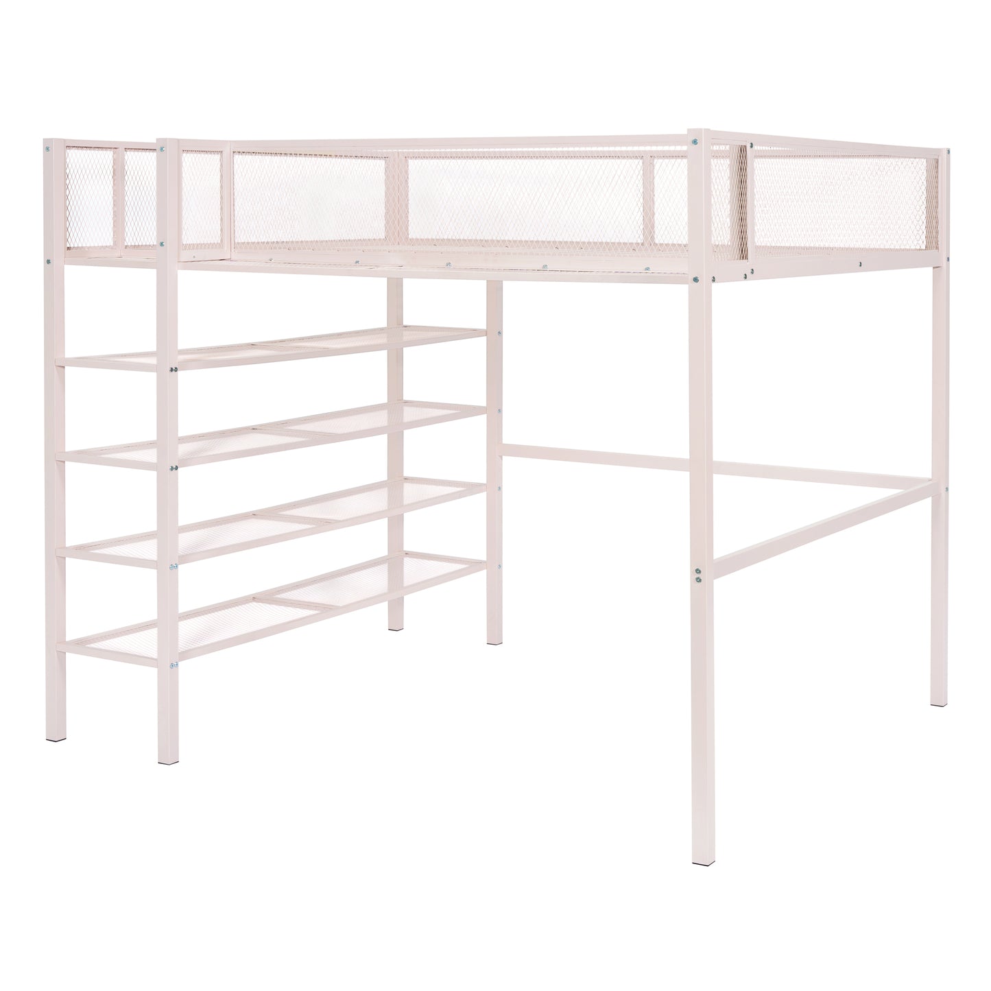 White metal loft bed with builtin shelving and mesh guardrails