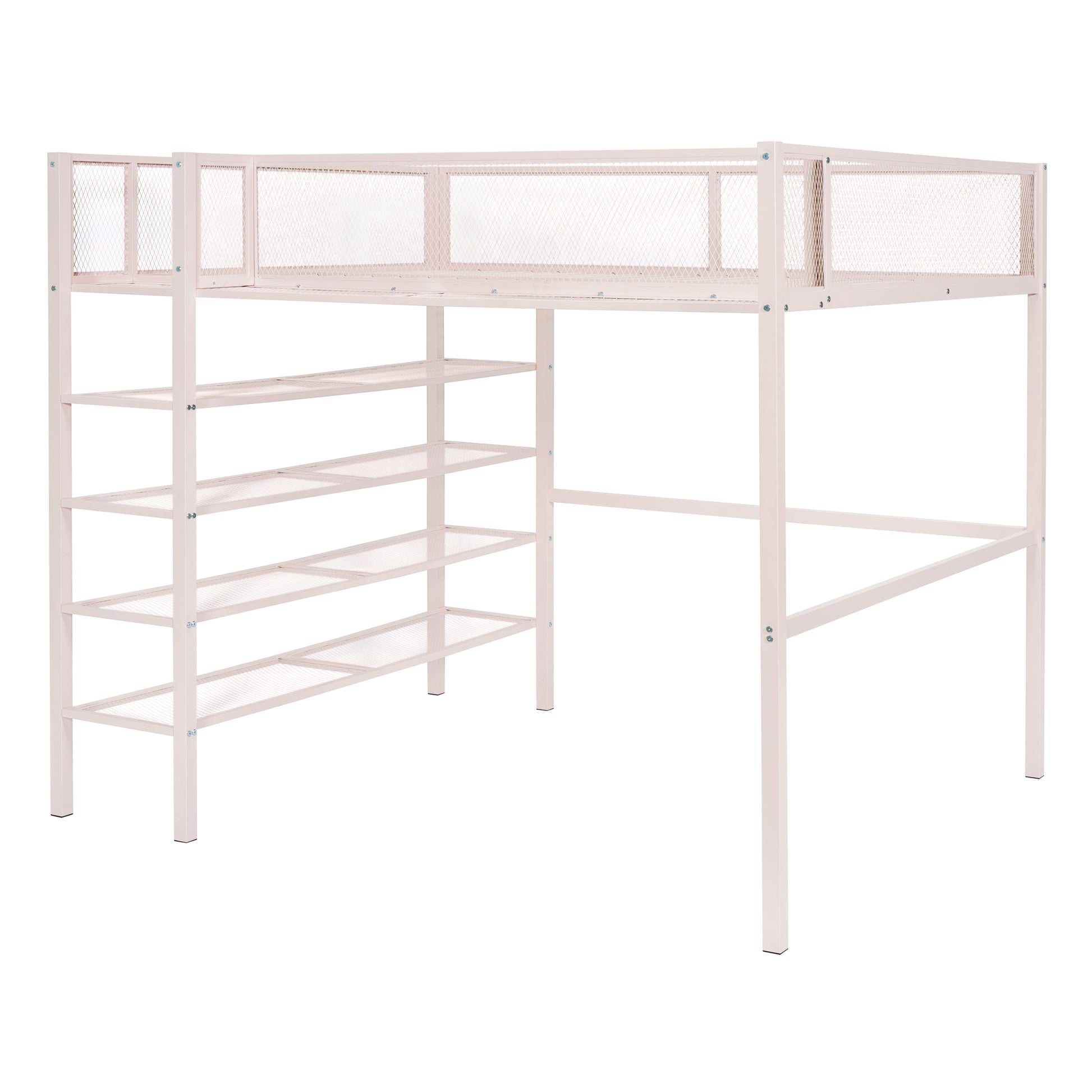 White metal loft bed with builtin shelving and mesh guardrails