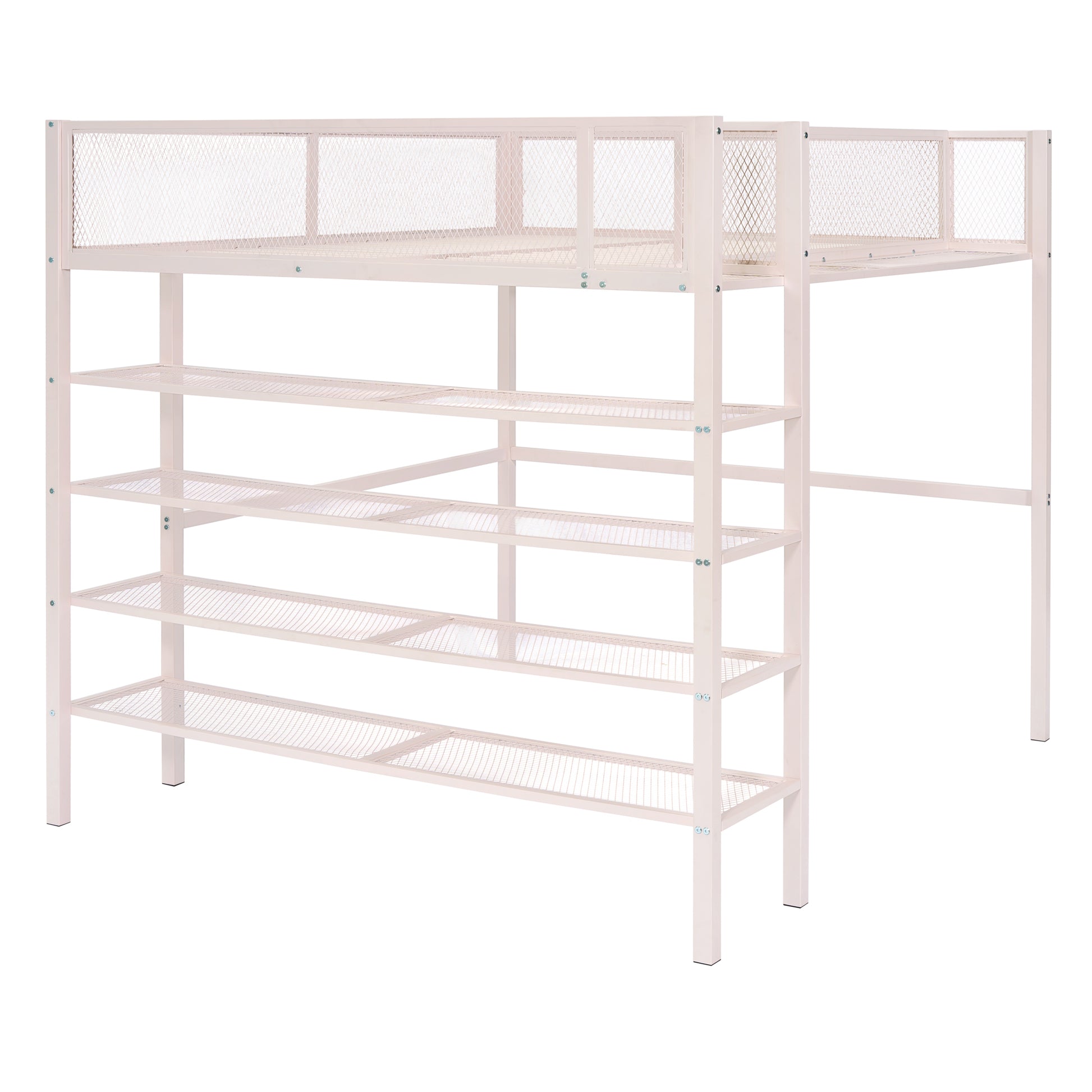 Beige metal loft bed with shelves and mesh guardrails