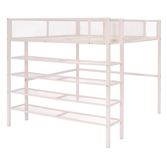 Beige metal loft bed with shelves and mesh guardrails