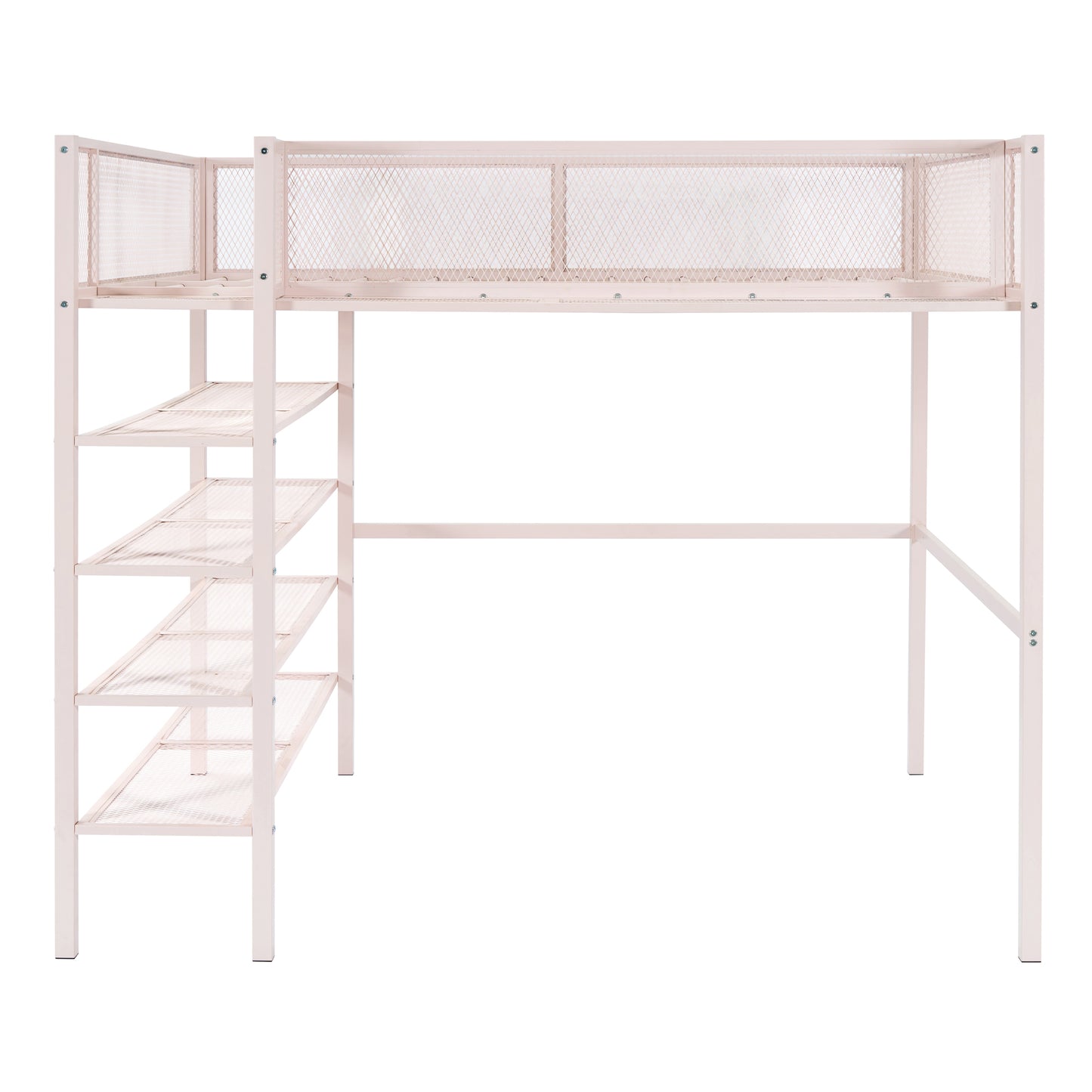 Pink metal loft bed with integrated shelf ladder