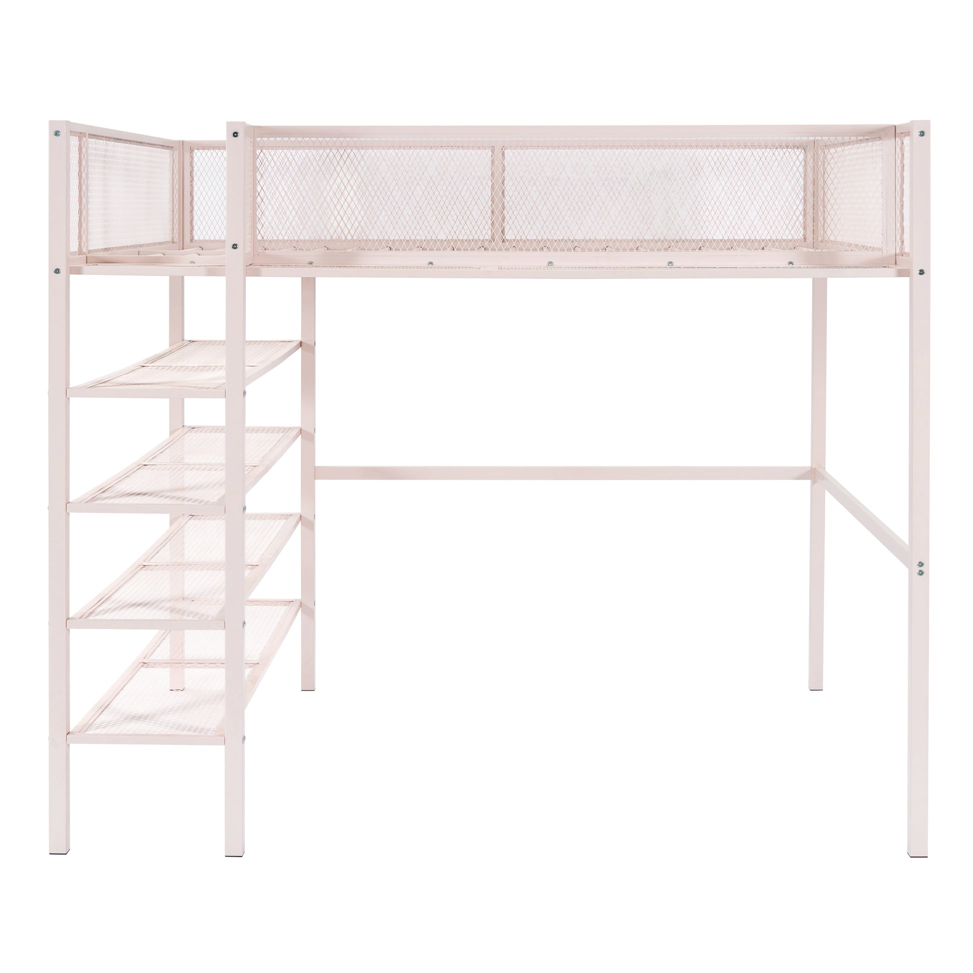 Pink metal loft bed with integrated shelf ladder