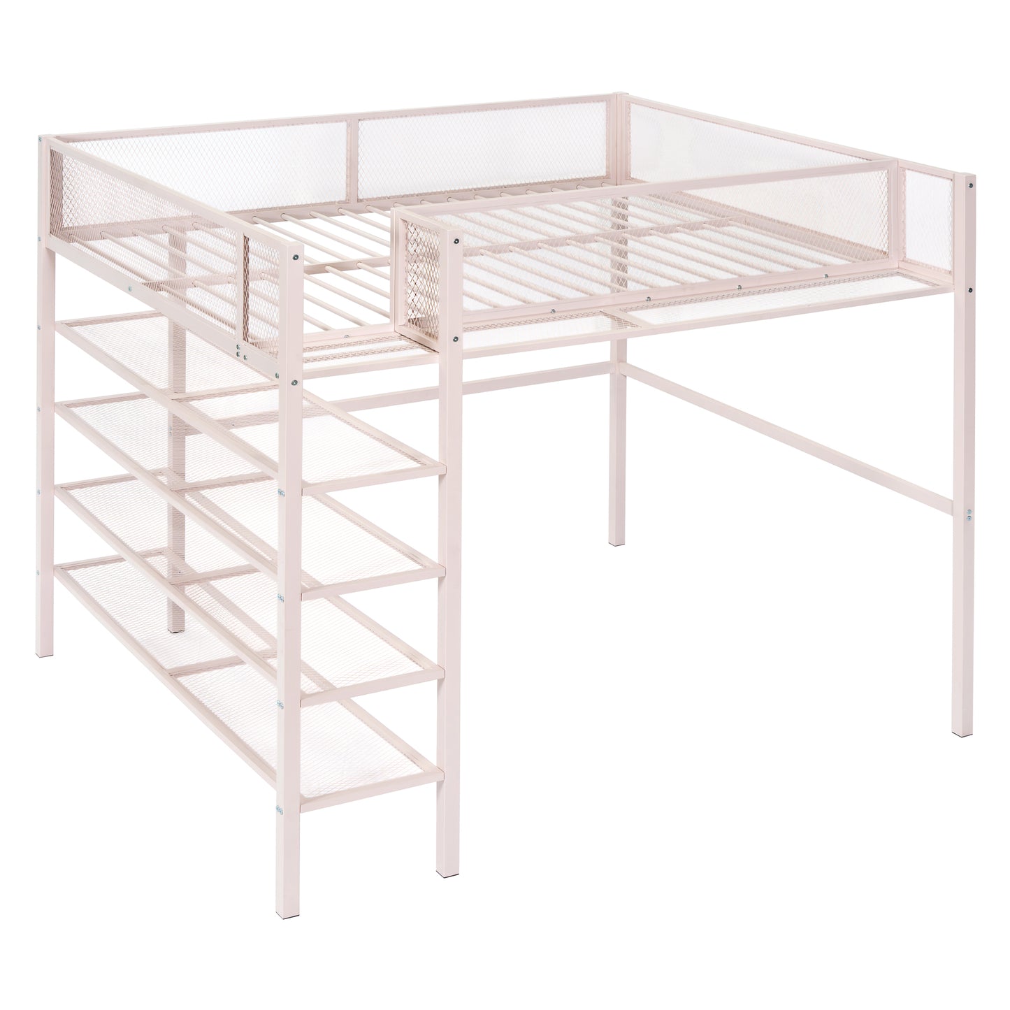 Pink metal loft bed with integrated ladder and shelves for kids rooms
