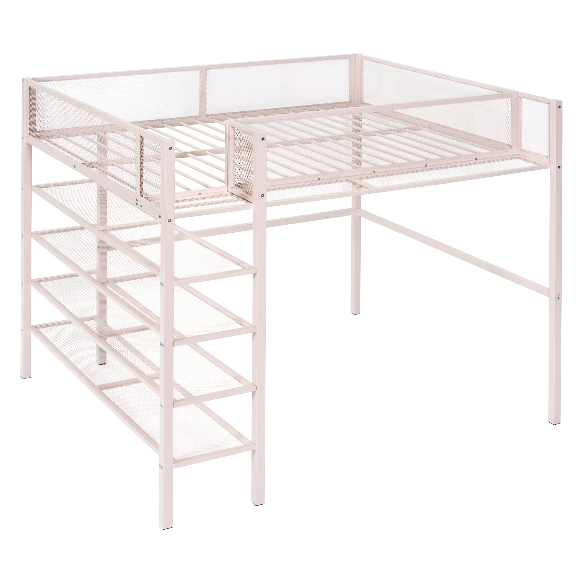 Pink metal loft bed with integrated ladder and shelves for kids rooms