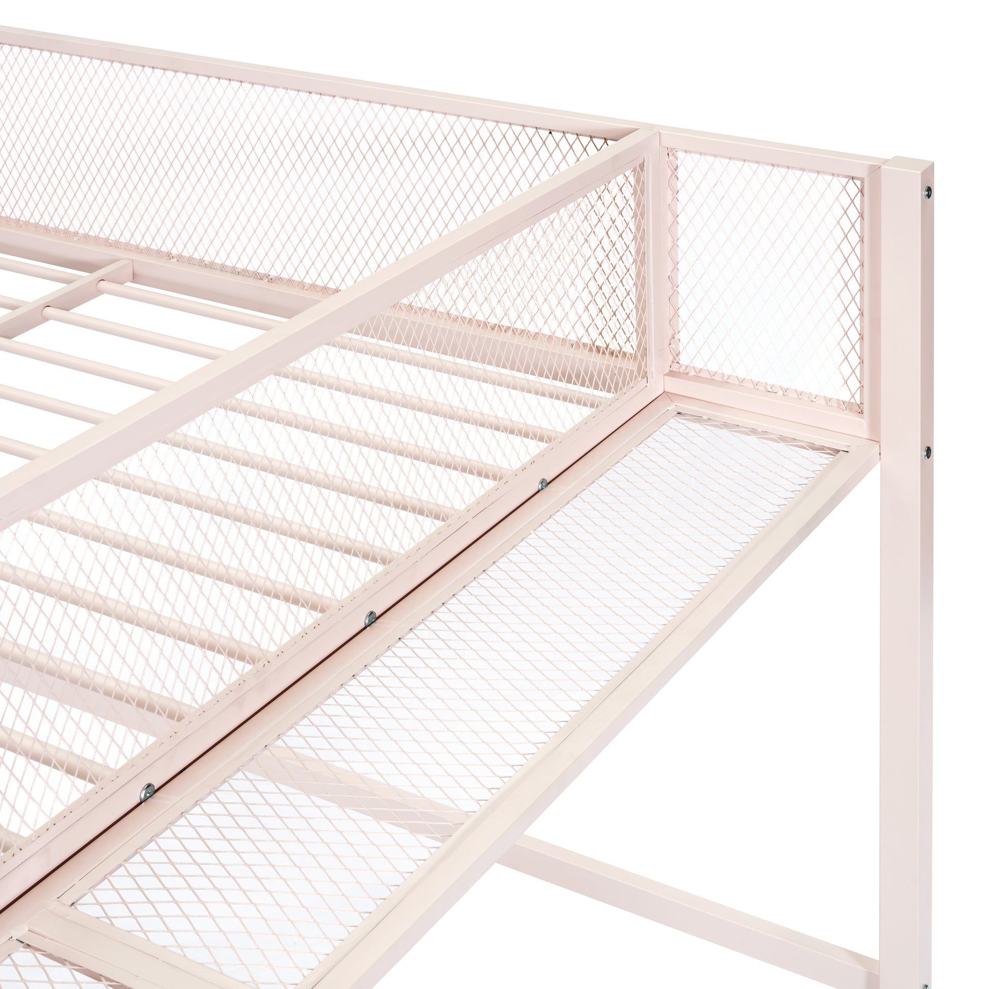 Close up of pink metal bunk bed frame with diamond mesh