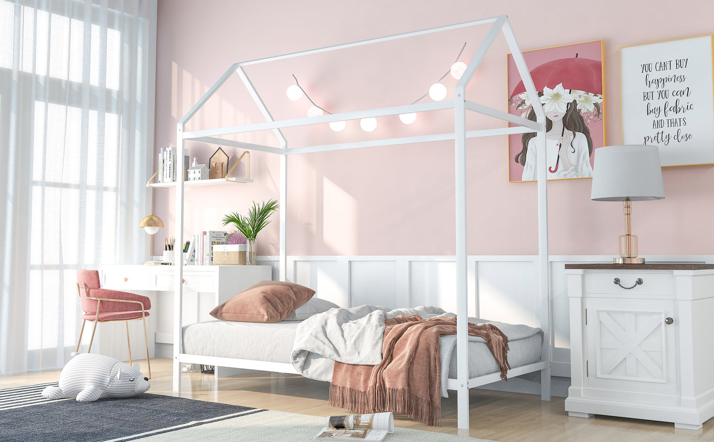 White metal house bed frame with string lights and bedding