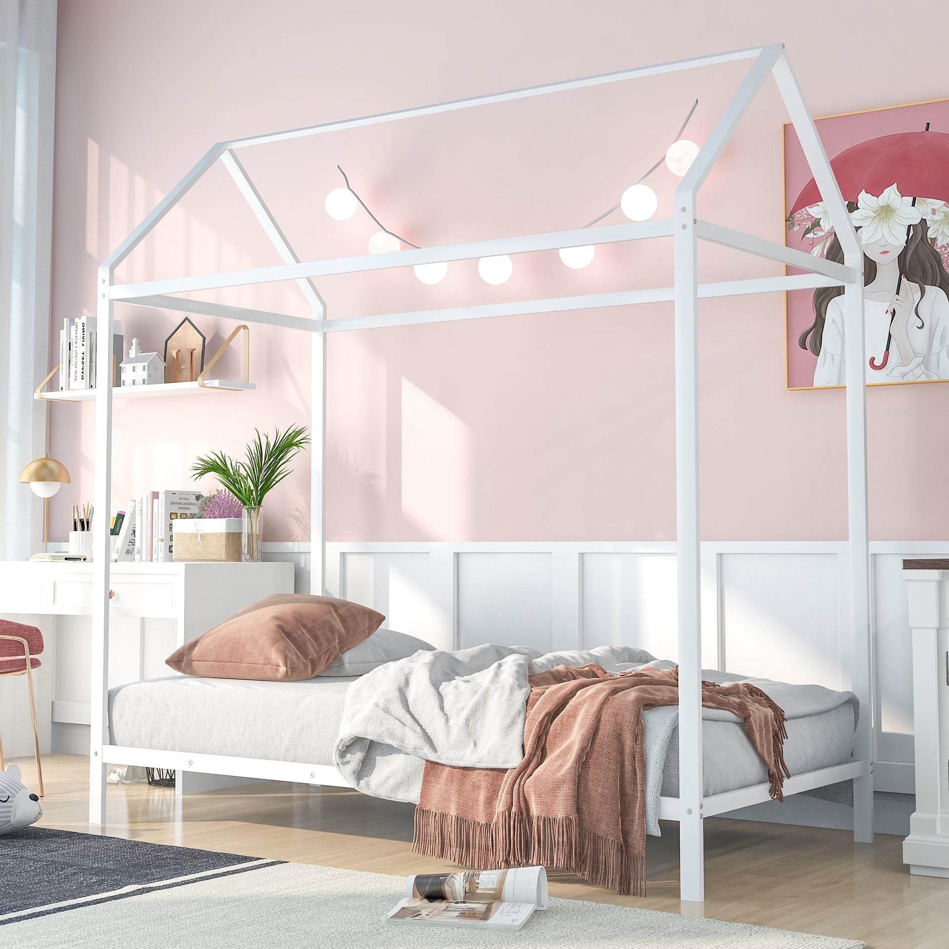 White metal house bed frame with string lights ideal for kids bedrooms