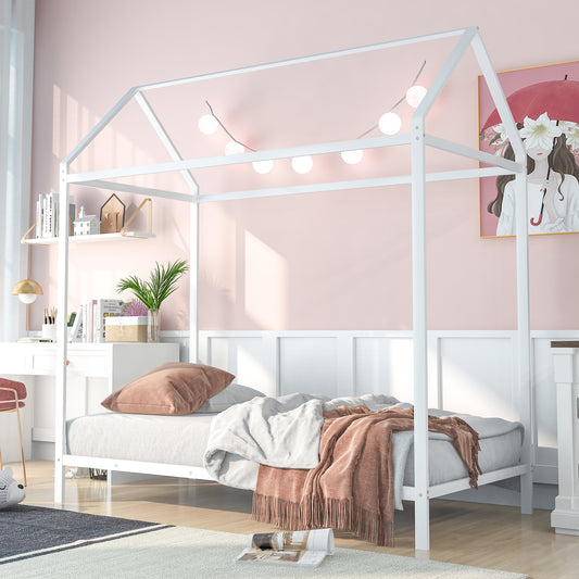 White metal house bed frame with string lights ideal for kids bedrooms