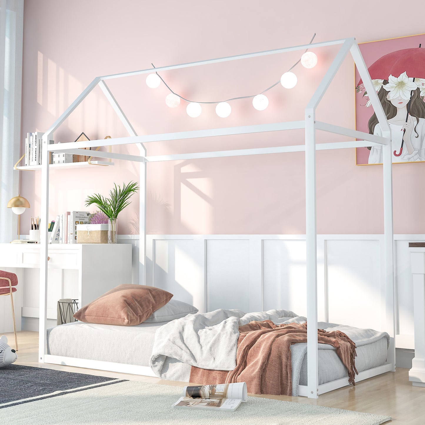 White metal house bed frame with draped white and coral bedding