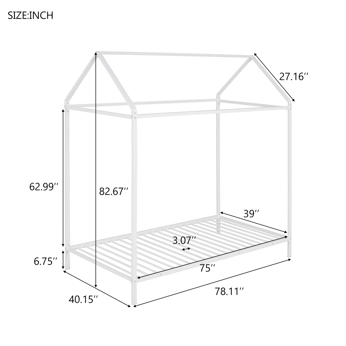White metal house bed frame with twin size mattress support