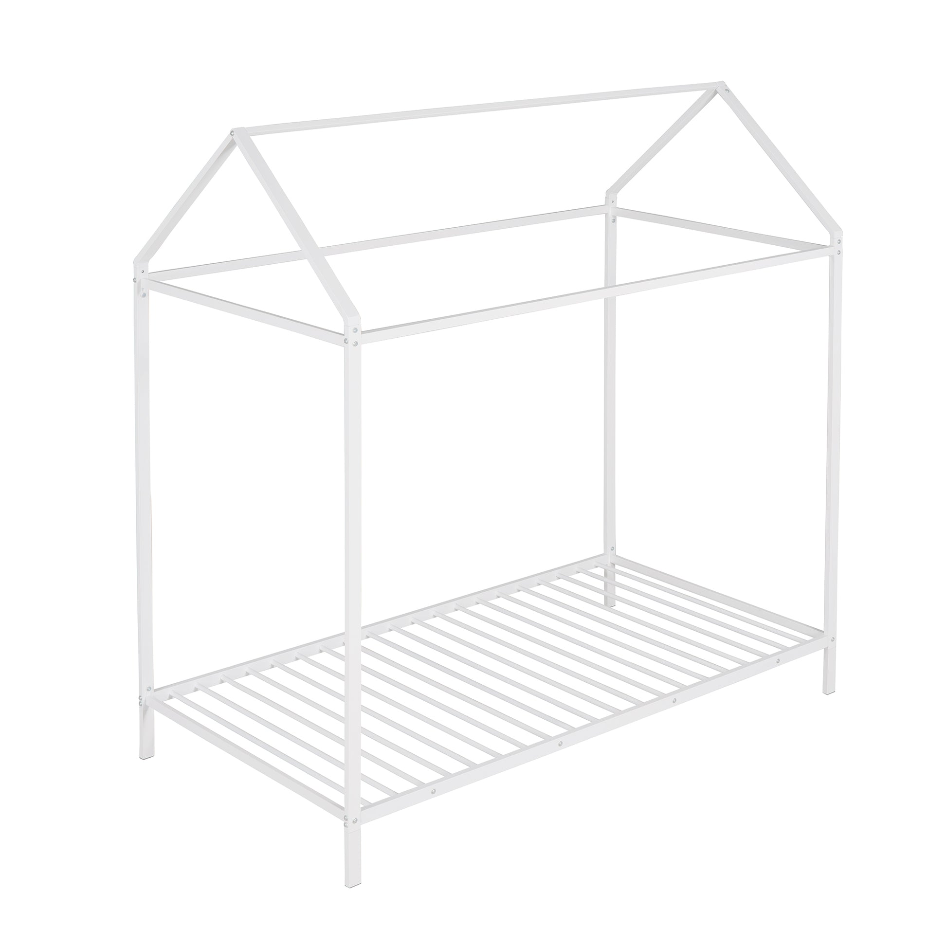 White metal house bed frame with slatted base