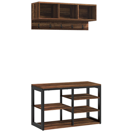 Rustic wood wall shelf with four cubbies and coat hooks